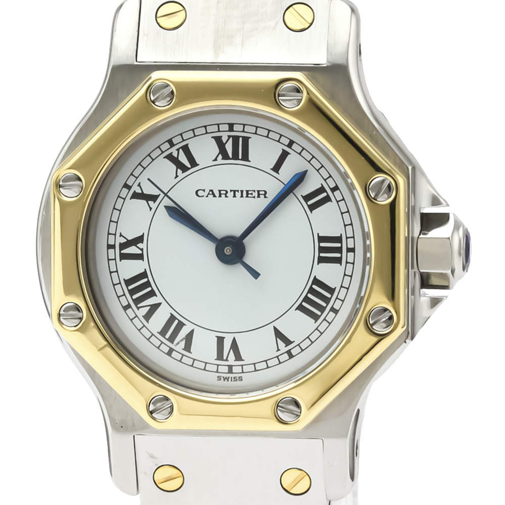 Cartier Silver 18K Yellow Gold And Stainless Steel Santos Octagon Automatic Women's Wristwatch 24 MM