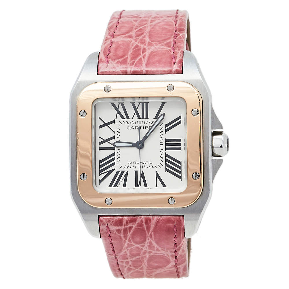 Cartier Cream 18K Rose Gold & Stainless Steel Leather Santos 100 2878 Automatic Women's Wristwatch 33 mm