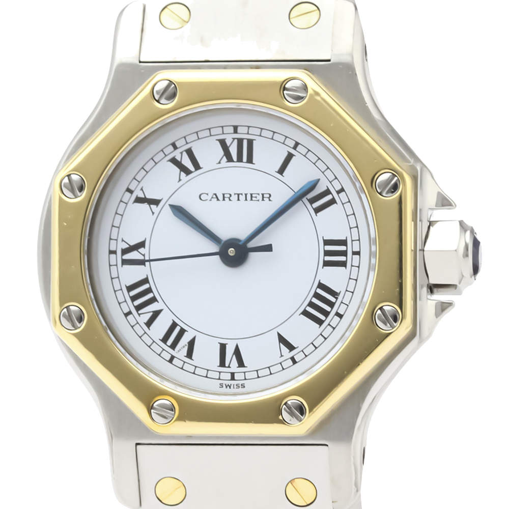 Pre Owned Cartier Silver 18K Yellow Gold And Stainless Steel Santos Octagon Automatic Women's Wristwatch 24 MM