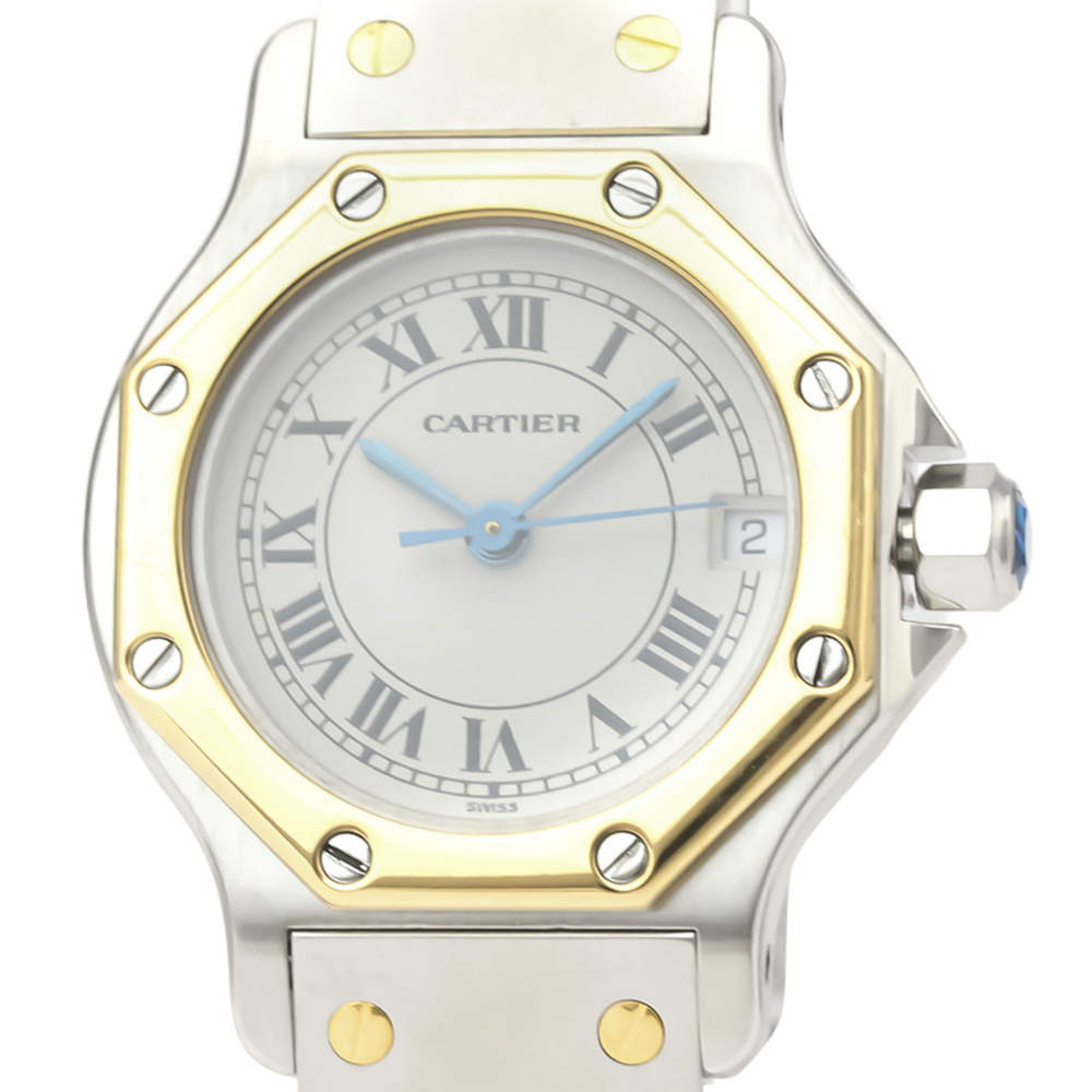 Pre Owned Cartier Silver 18K Yellow Gold And Stainless Steel Santos Octagon 187903 Quartz Women's Wristwatch 24 MM