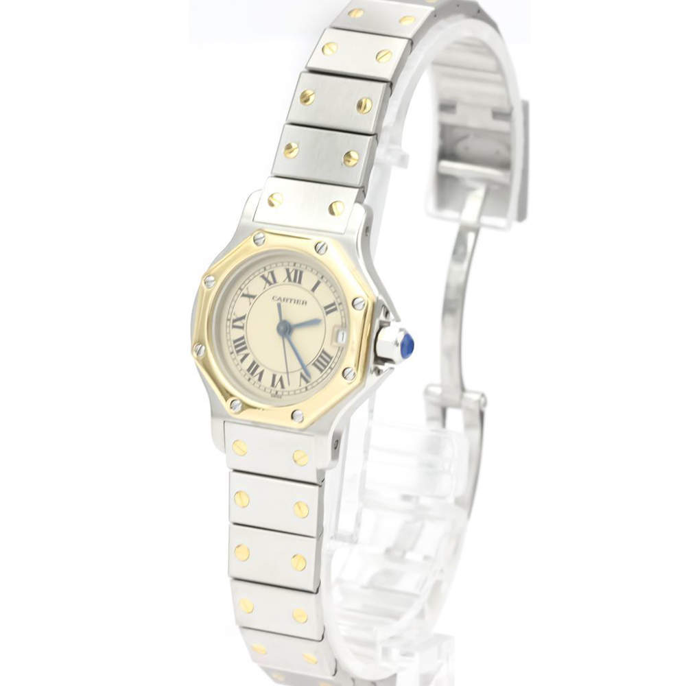 مملوكة مسبقًا Cartier Ivory 18K Yellow Gold And Stainless Steel Santos Octagon Quartz Women's Wristwatch 24 MM