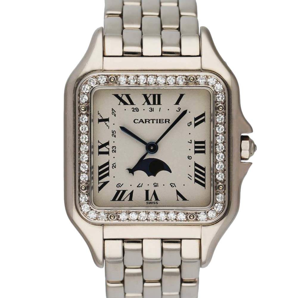 Cartier Silver Diamonds 18K White Gold Panthere Moon Phase Women's Wristwatch 28 MM