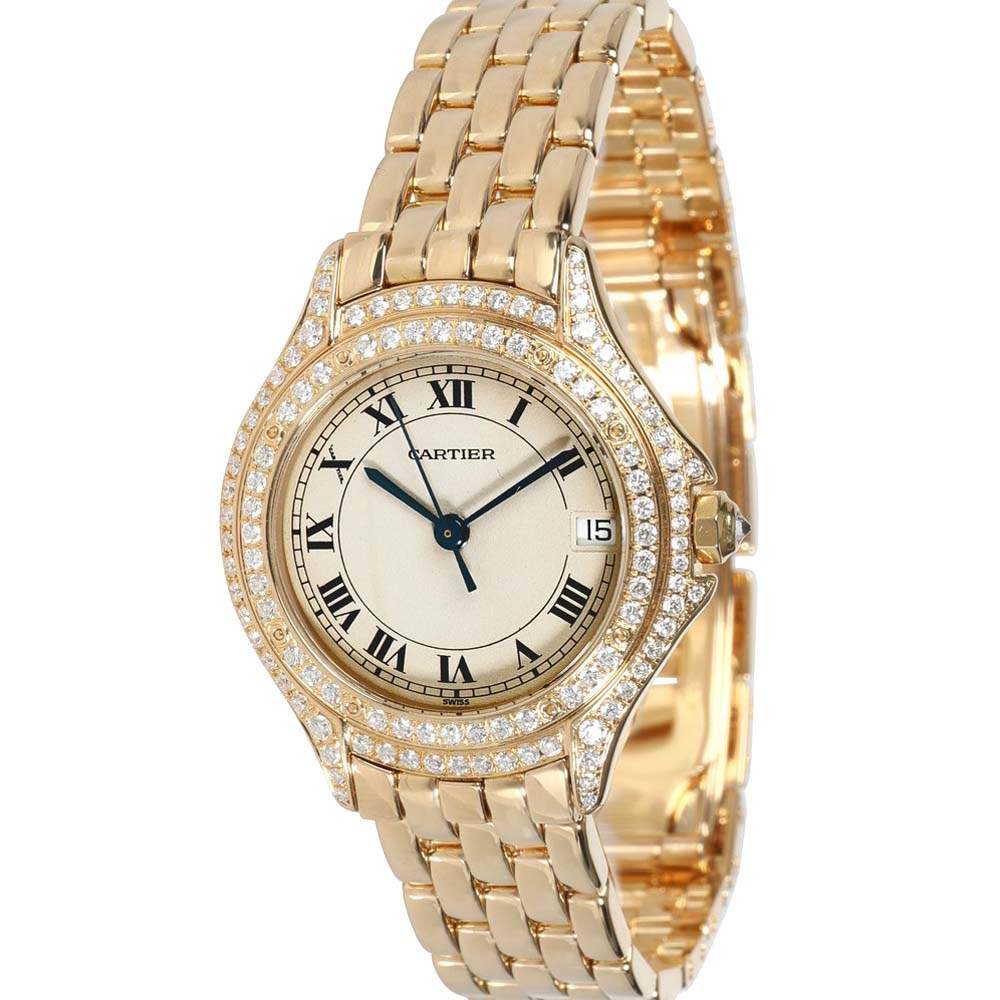 Pre Owned Cartier Silver Diamonds 18K Yellow Gold Cougar 887906 Women's Wristwatch 26 MM