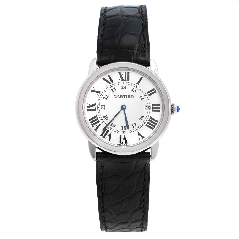 Pre Owned Cartier Silver Stainless Steel Leather Ronde Solo 2934 Women's Wristwatch 36 mm