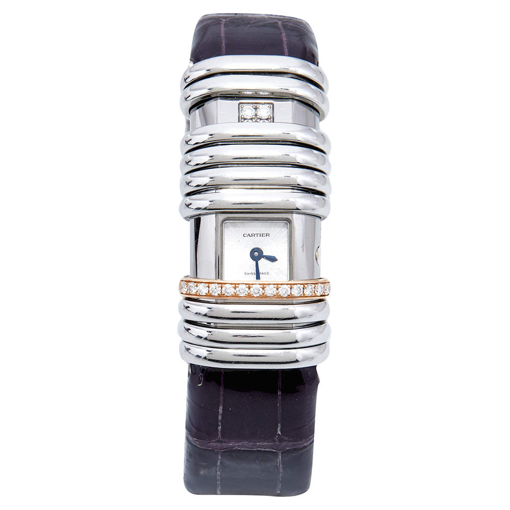 Pre Owned Cartier Silver Two-Tone 18K Gold Diamond Leather Declaration 2611 Women's Wristwatch 16 mm