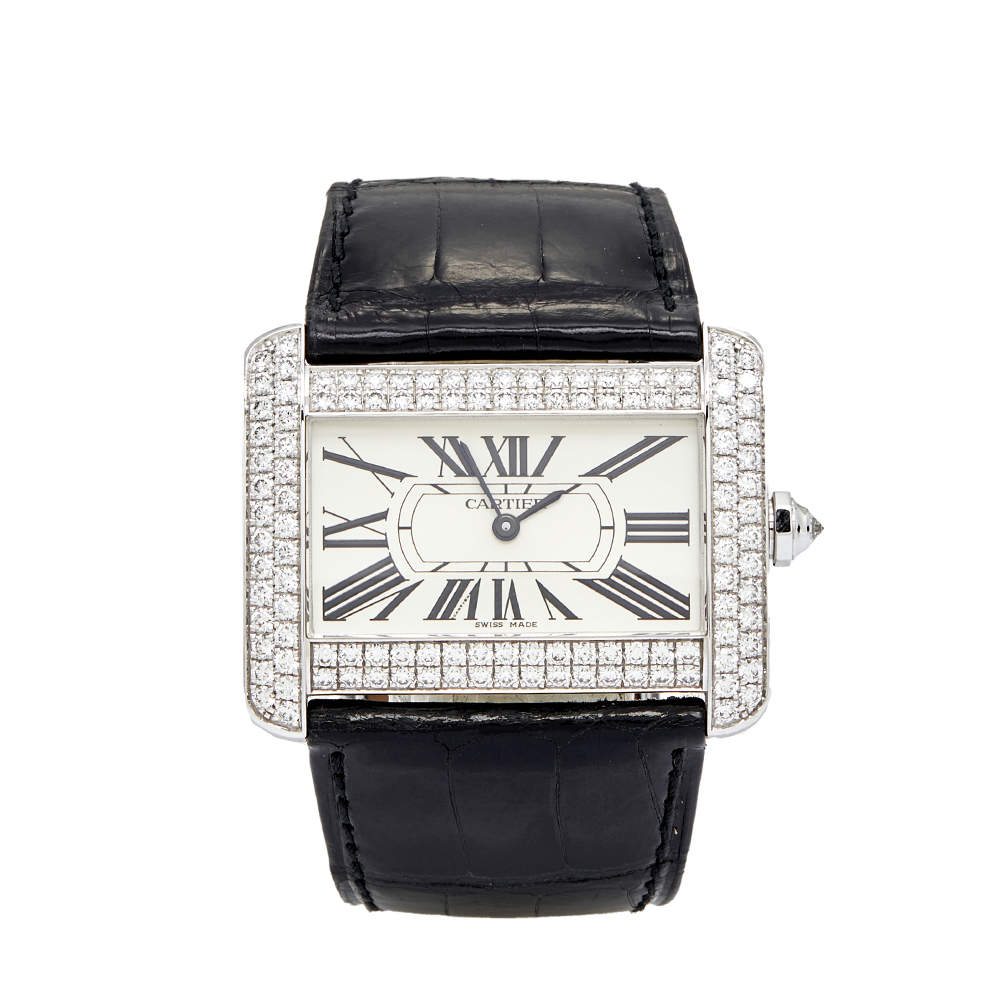 Pre Owned Cartier Cream 18k White Gold Diamond Alligator Tank Divan 2614 Women's Wristwatch 38 mm