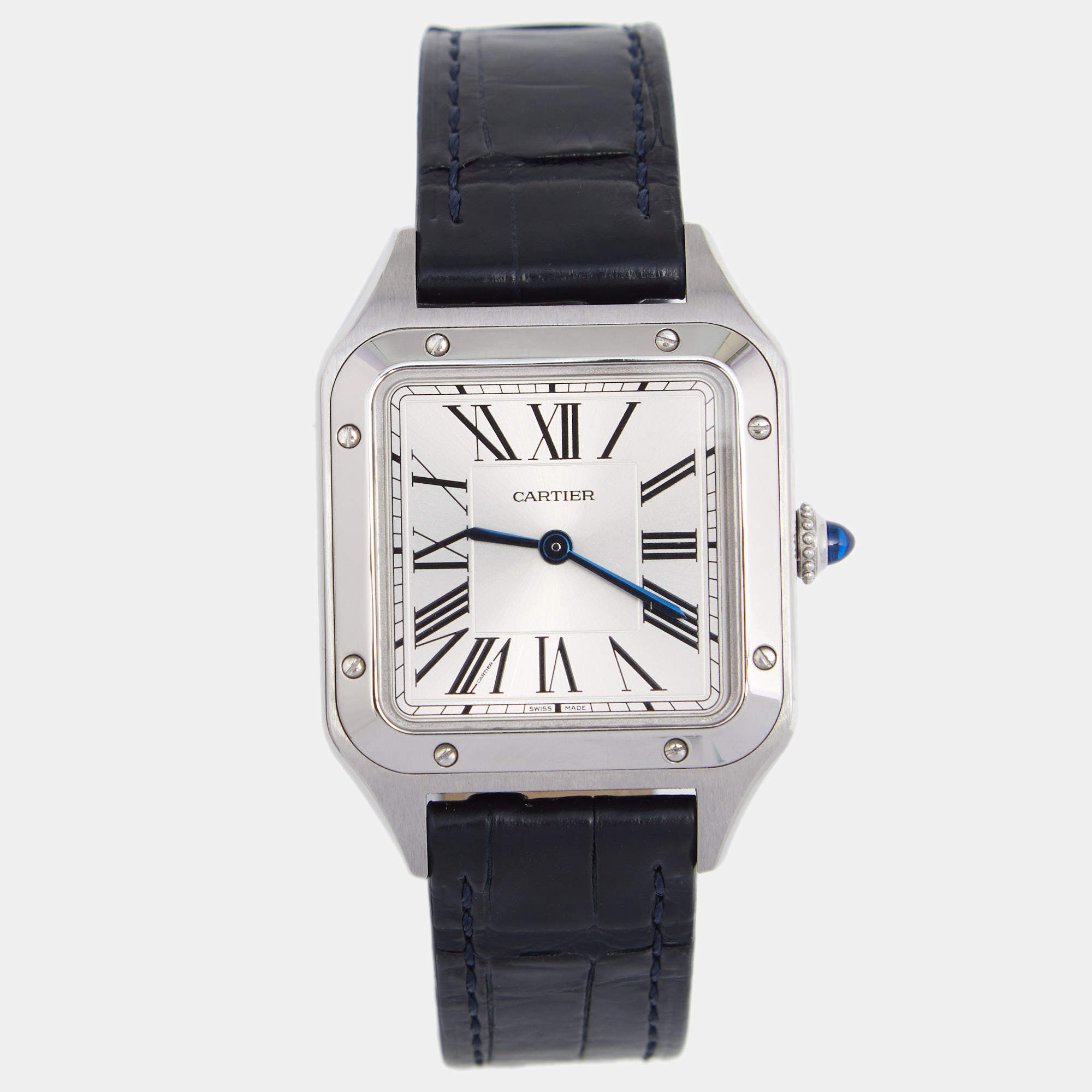 Pre Owned Cartier Silver Stainless Steel Alligator Santos Dumont WSSA0023 Women's Wristwatch 27.5 mm