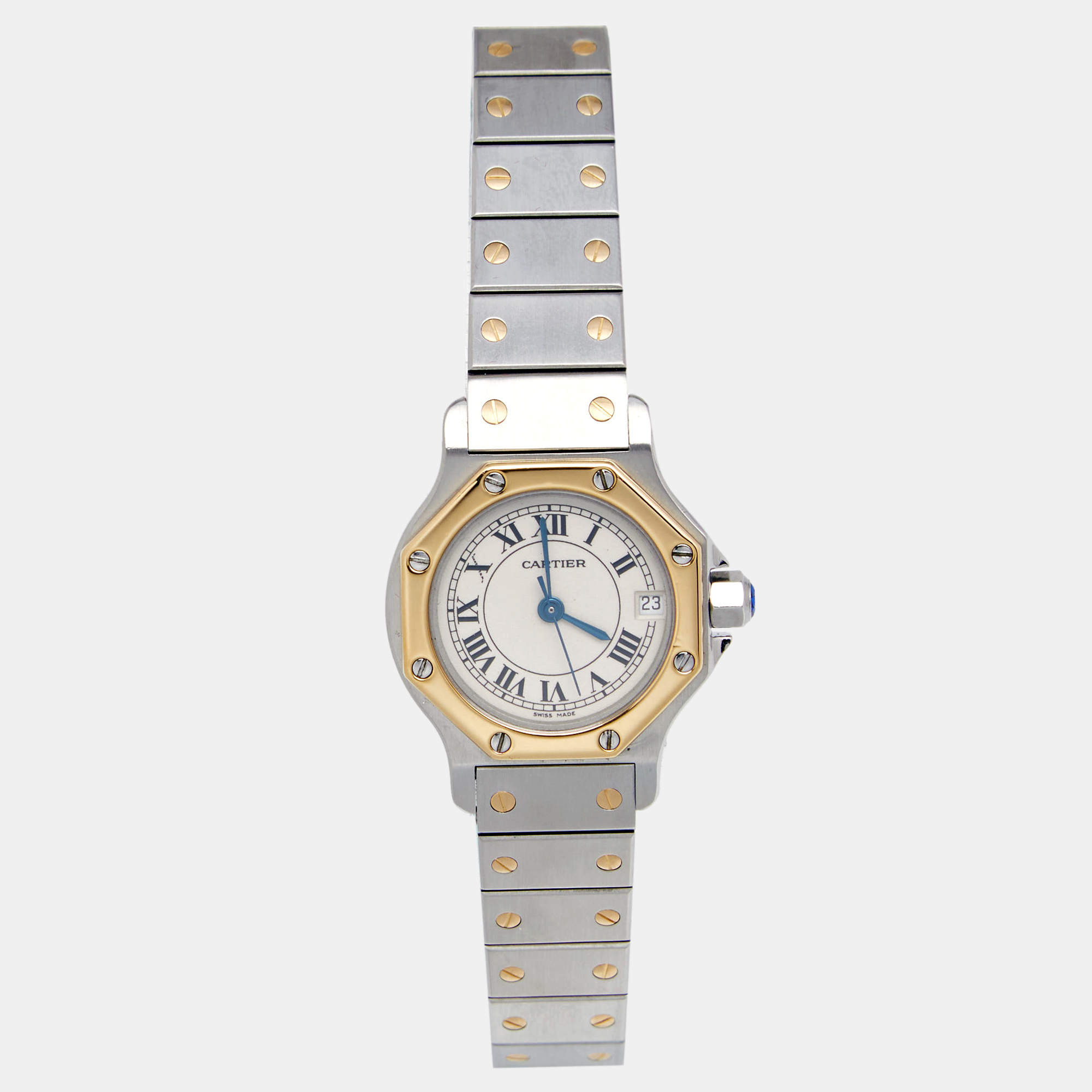 Pre Owned Cartier Cream 18K yellow Gold Stainless Steel Santos de Cartier 187903 Women's Wristwatch 24 mm