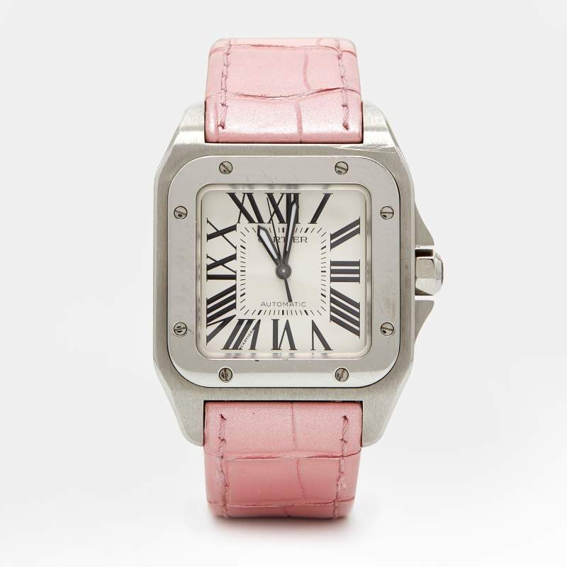 مملوكة مسبقًا Cartier White Stainless Steel Alligator Leather Santos 100 W20126X8 Women's Wristwatch 35 mm