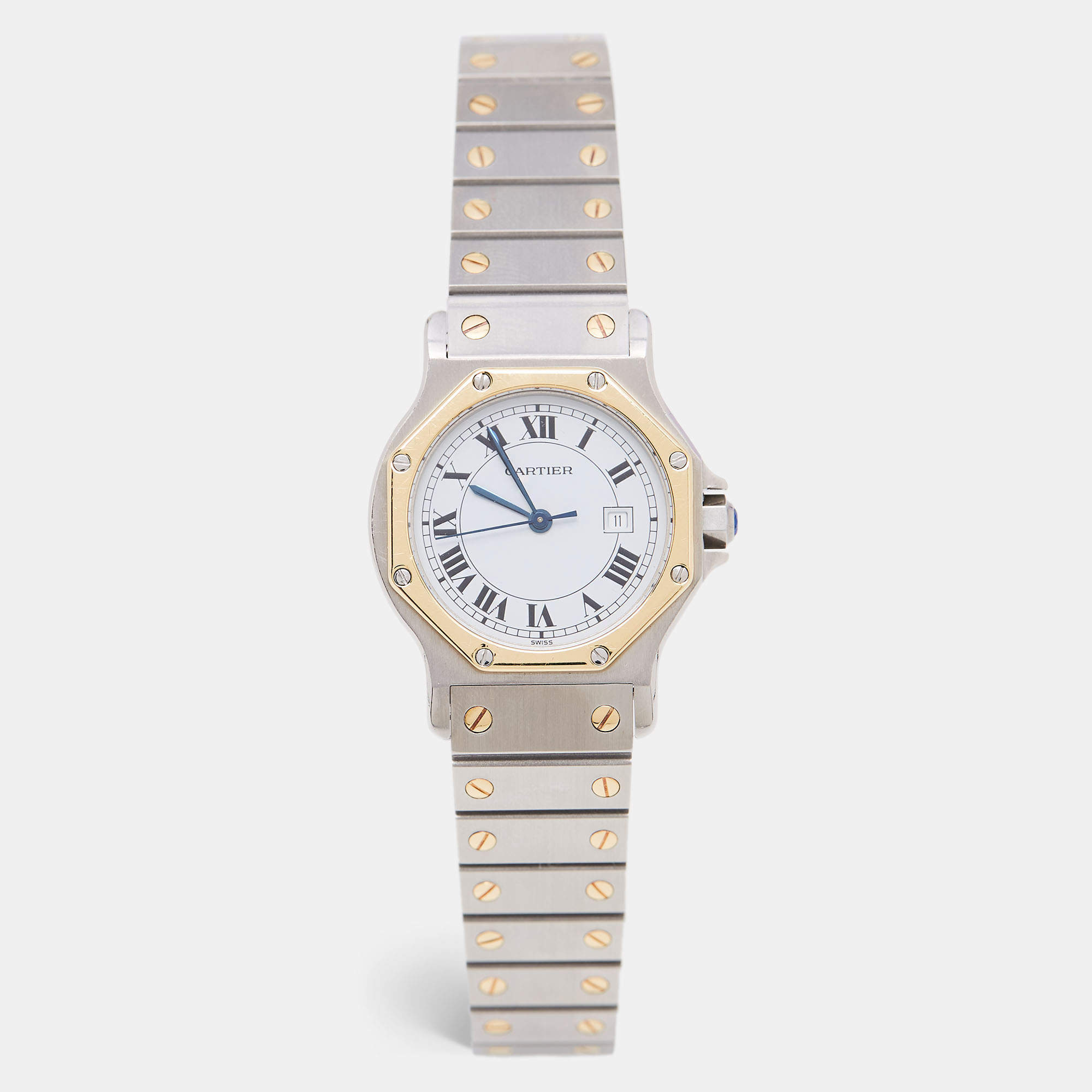 Pre Owned ساعة يد نسائية كارتييه سانتوس روند ستانلس ستيل ذهب أصفر 18 بيضاء 30 مم