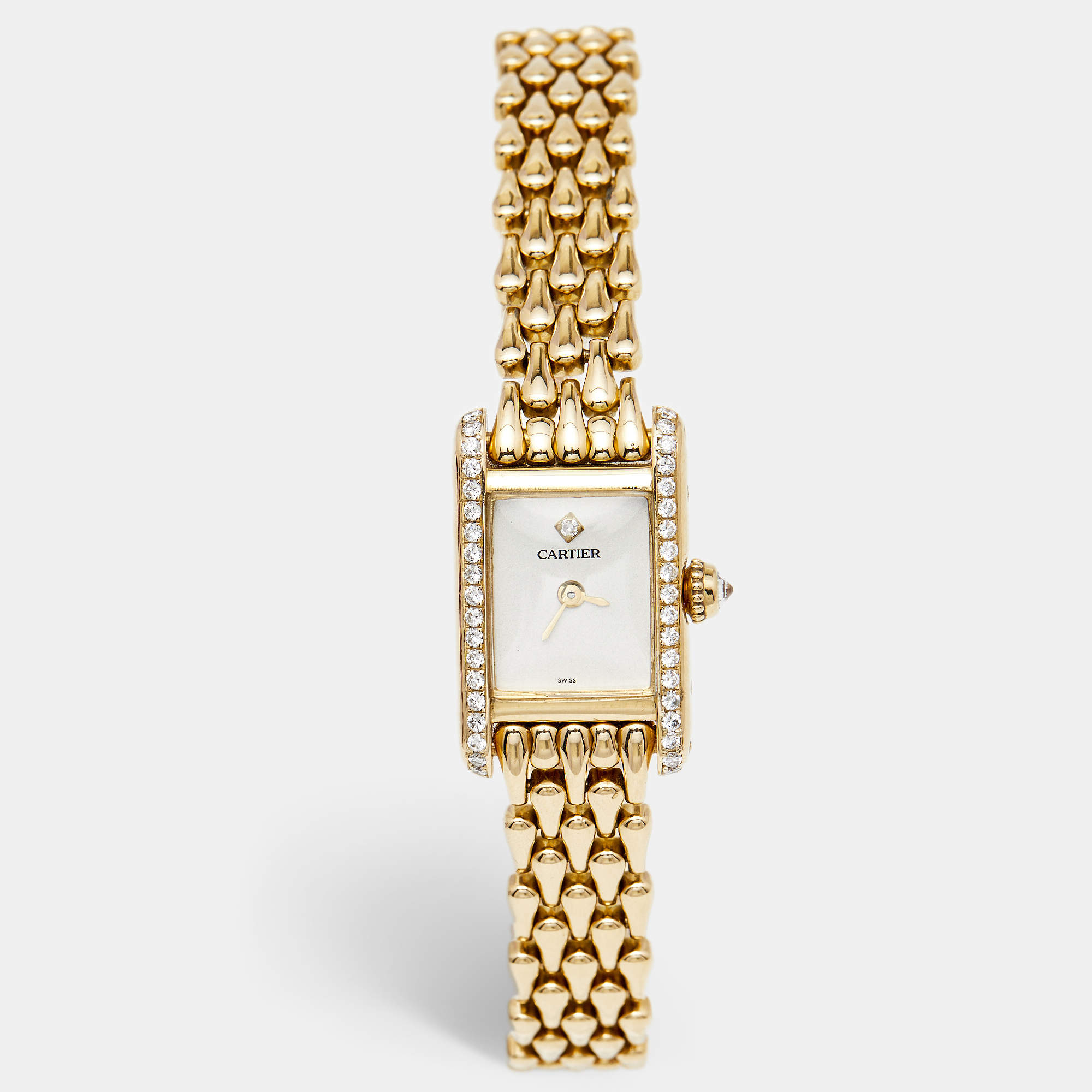 Pre Owned Cartier Champagne 18K Yellow Gold Diamond Tank Louis 1360.1 Women's Wristwatch 15 mm