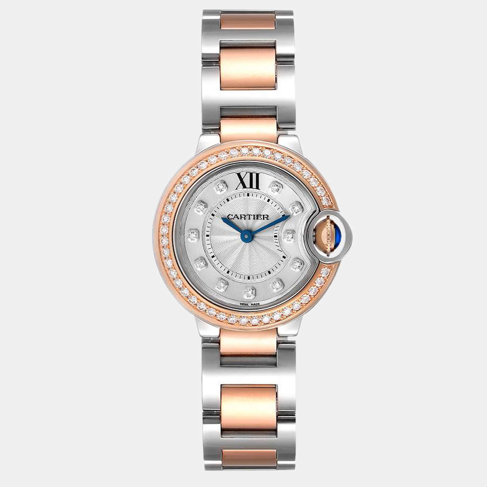 Cartier Silver Diamond 18k Rose Gold And Stainless Steel Ballon Bleu W3BB0009 Quartz Women's Wristwatch 28 mm