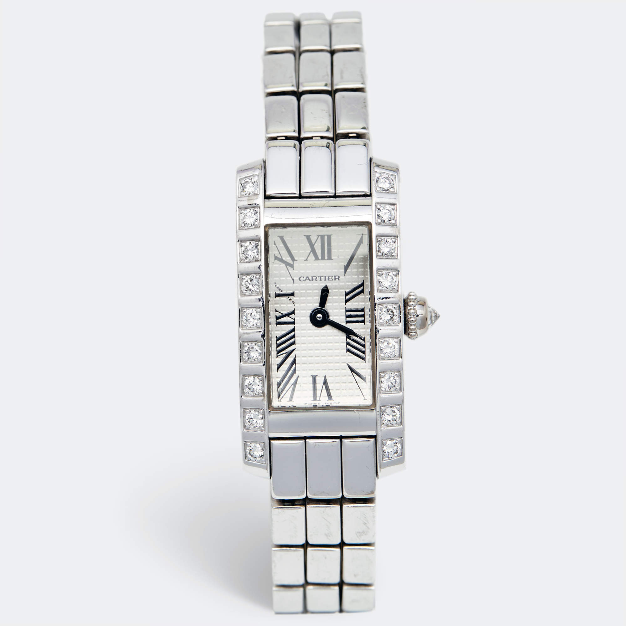 Cartier Silver 18K White Gold Diamond Lanieres Tank Allongee 2544 Women's Wristwatch 14 mm