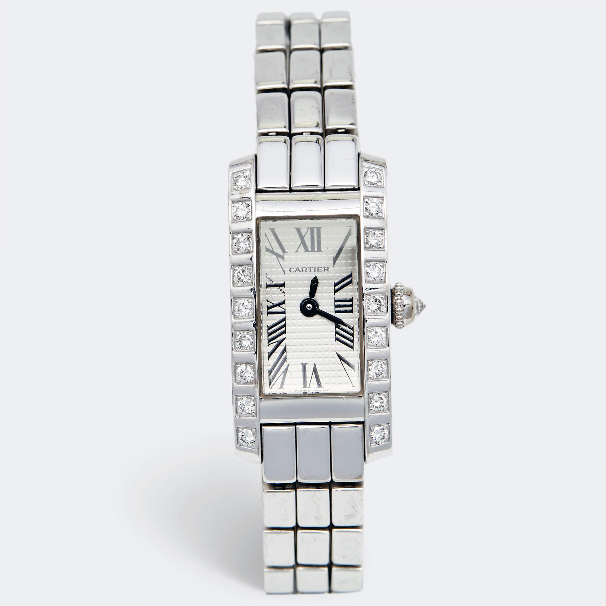 Pre Owned Cartier Silver 18K White Gold Diamond Lanieres Tank Allongee 2544 Women's Wristwatch 14 mm