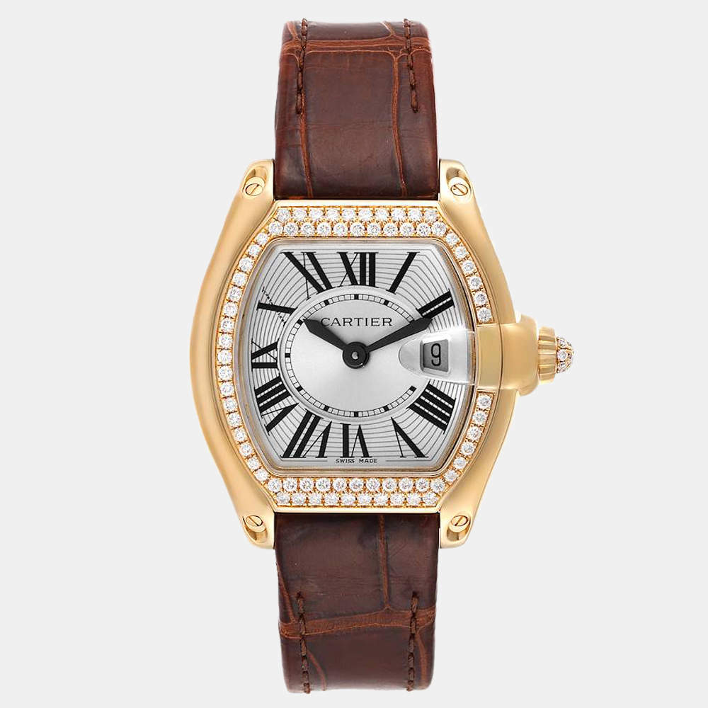 Cartier Silver Diamond 18k Yellow Gold Roadster WE500160 Quartz Women's Wristwatch 37 mm