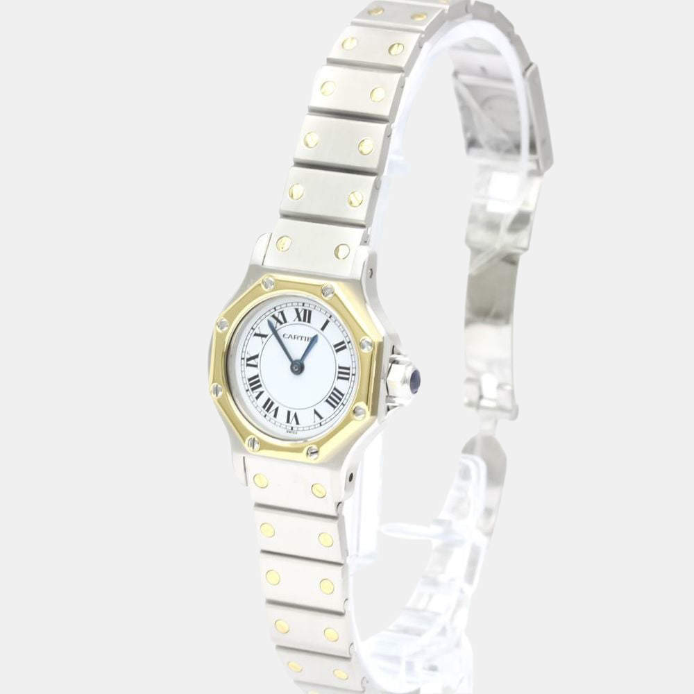 Pre Owned Cartier White 18k Yellow Gold And Stainless Steel Santos Octagon Automatic Women's Wristwatch 24 mm
