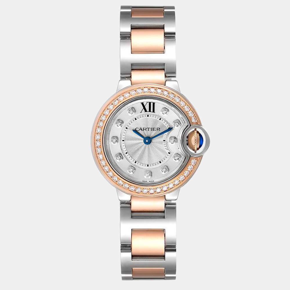 Cartier Silver Diamond 18k Rose Gold And Stainless Steel Ballon Bleu W3BB0009 Quartz Women's Wristwatch 28 mm