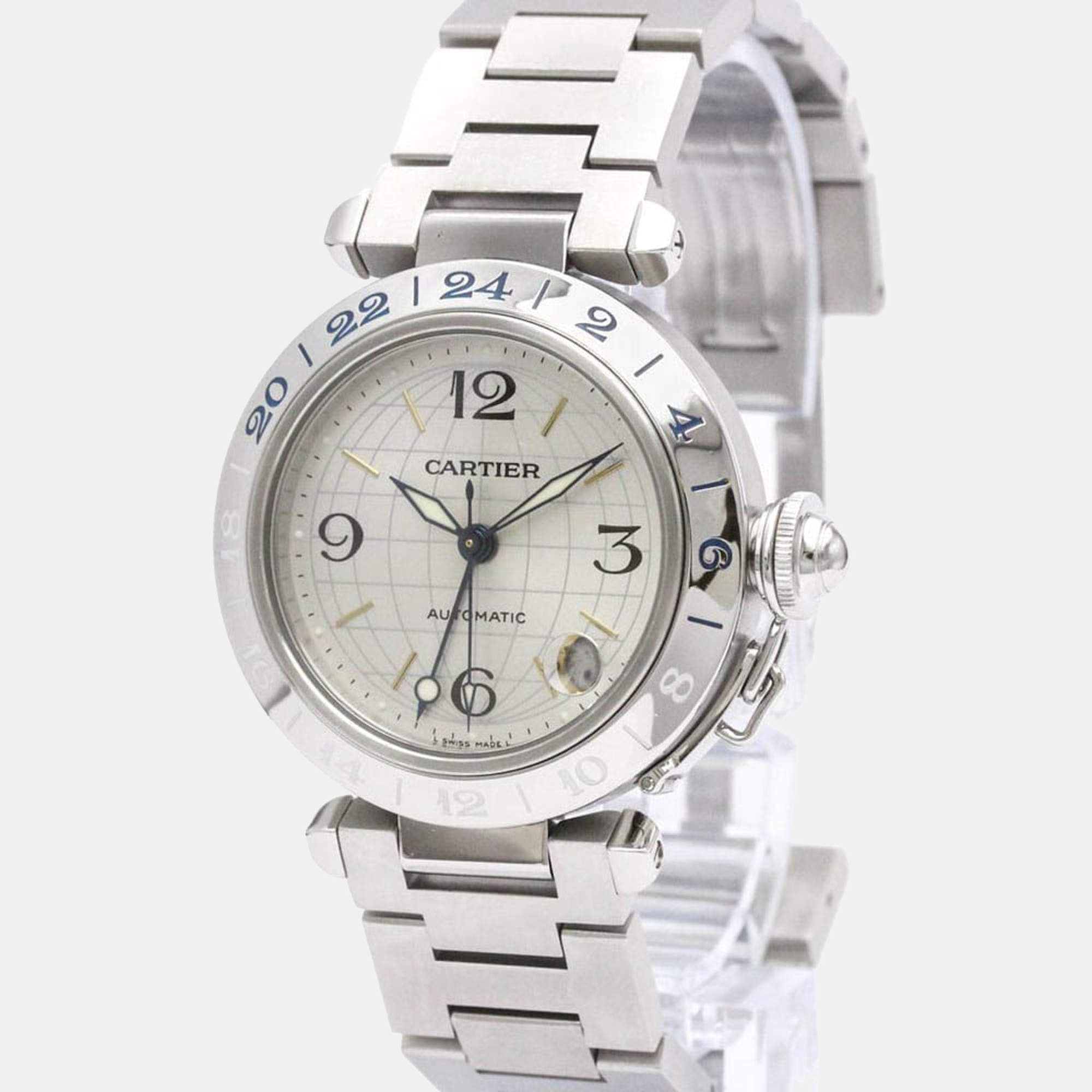 Pre Owned Cartier Silver Stainless Steel Pasha C GMT W31029M7 Automatic Women's Wristwatch 35 mm