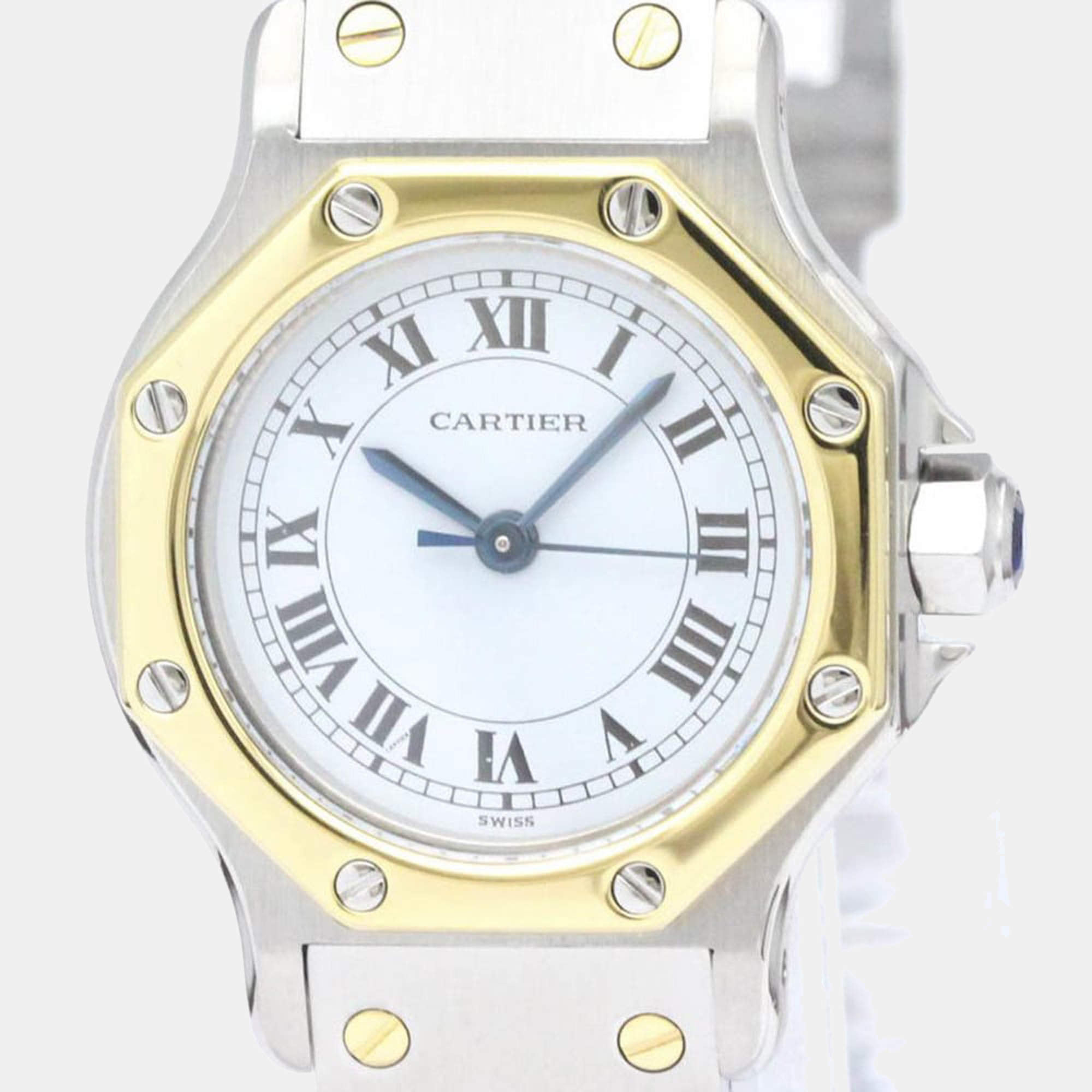 Pre Owned Cartier White 18K Yellow Gold And Stainless Steel Santos Octagon Women's Wristwatch 24 mm