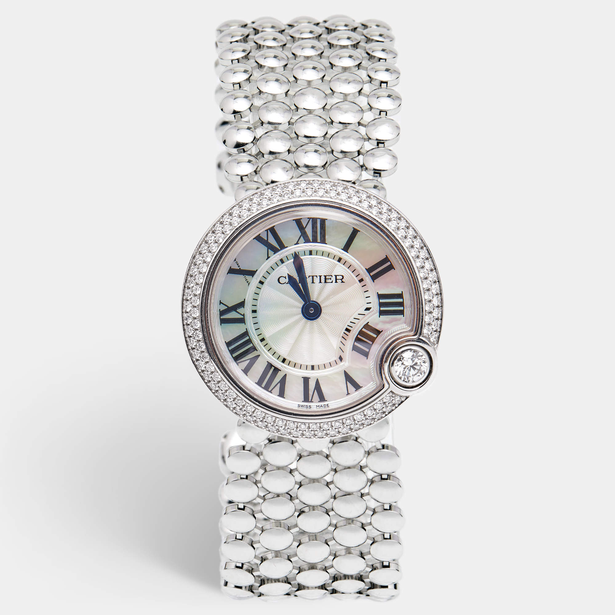 Pre Owned Cartier Mother Of Pearl 18k White Gold Diamonds Ballon Blanc De Cartier WE902072 Women's Wristwatch 30 mm