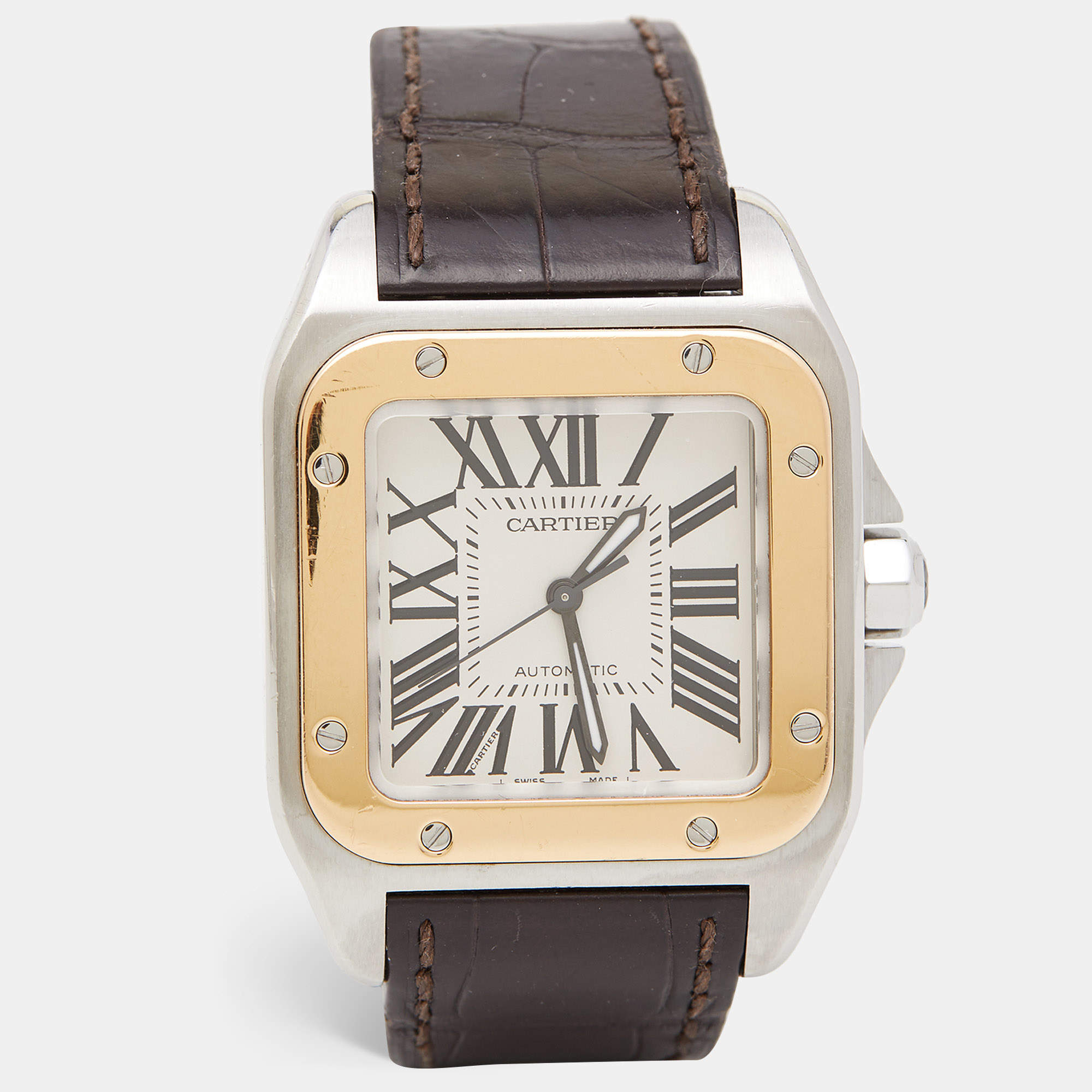 Pre Owned Cartier Silver 18k Rose Gold Stainless Steel Alligator Santos 100 W20107X7 Unisex Wristwatch 33 mm 