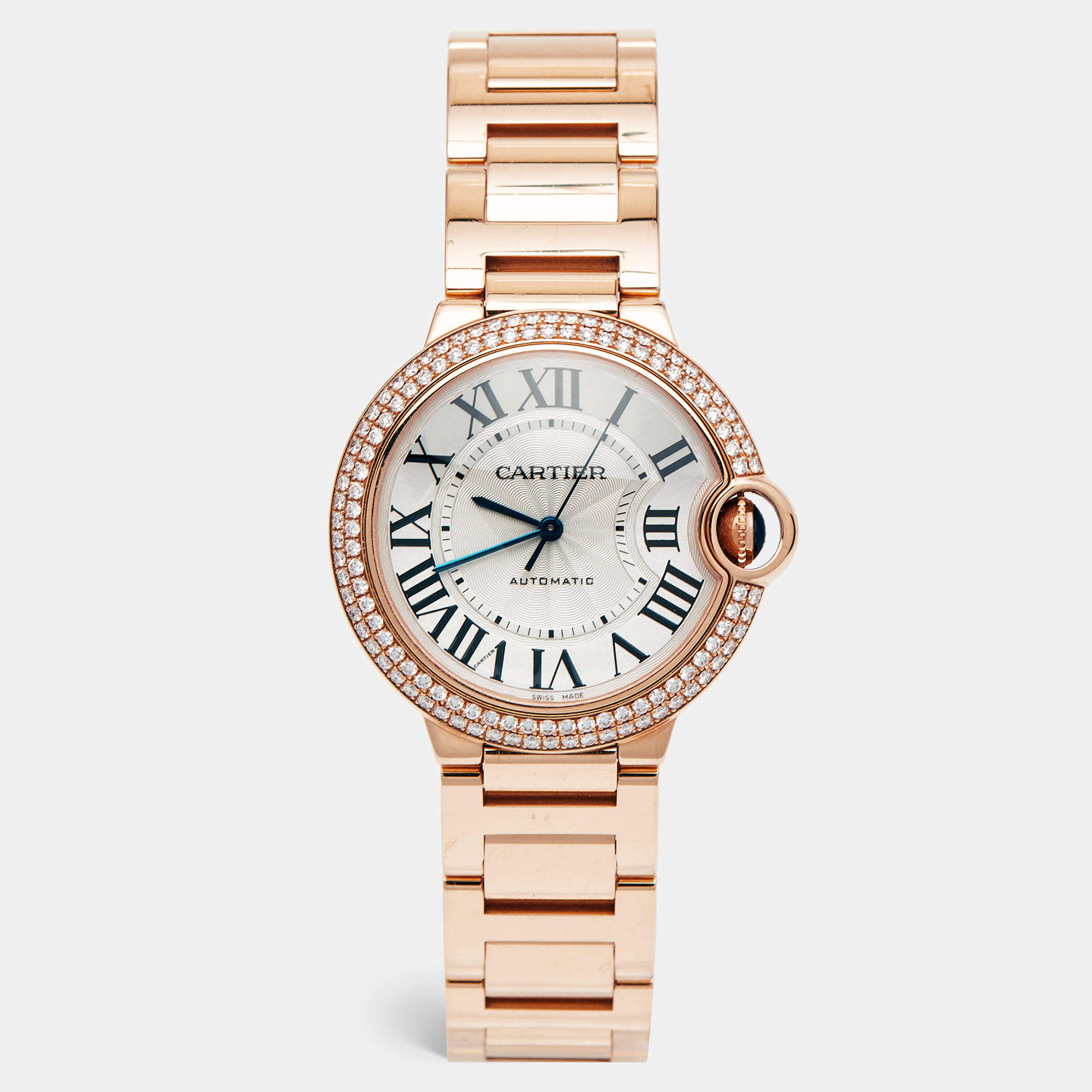 Pre Owned Cartier Silver Diamond 18K Rose Gold Ballon Bleu WJBB0005 Automatic Women's Wristwatch 36MM