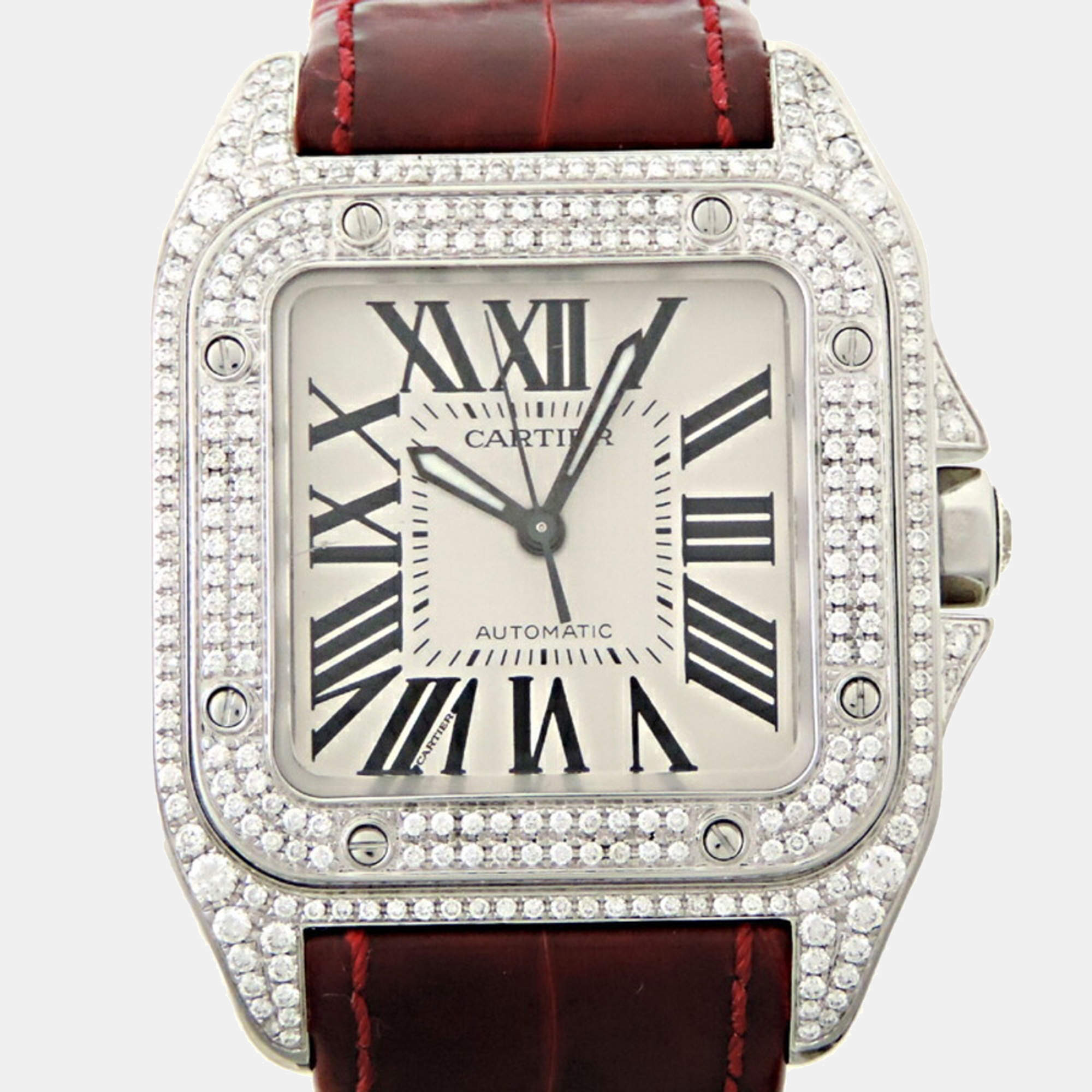 مملوكة مسبقًا Cartier Silver Diamonds Stainless Steel Santos 100 W20126X8 Women's Wristwatch 33 mm