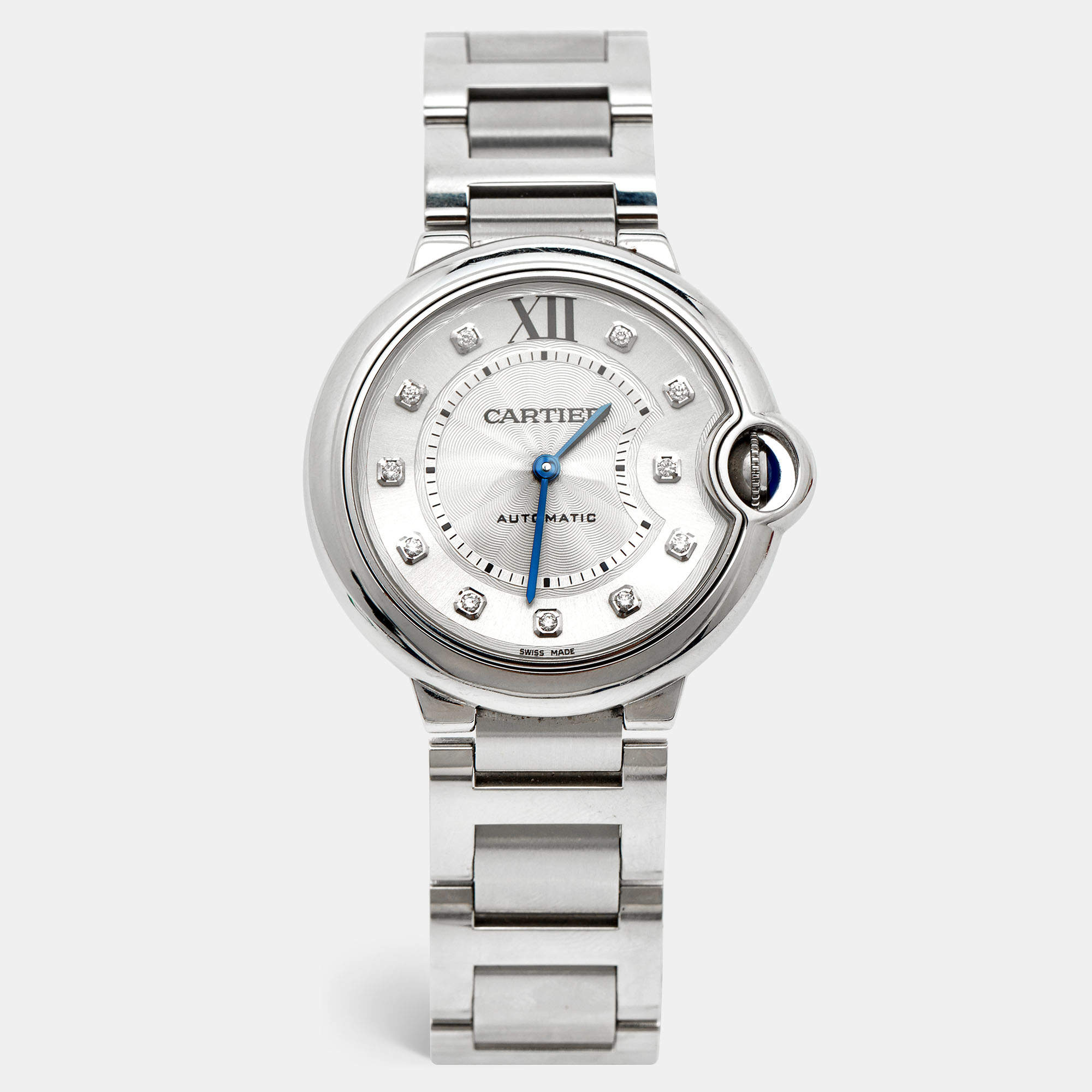 Pre Owned Cartier Silver Diamond Stainless Steel Ballon Bleu WE902075 Women's Wristwatch 36 mm