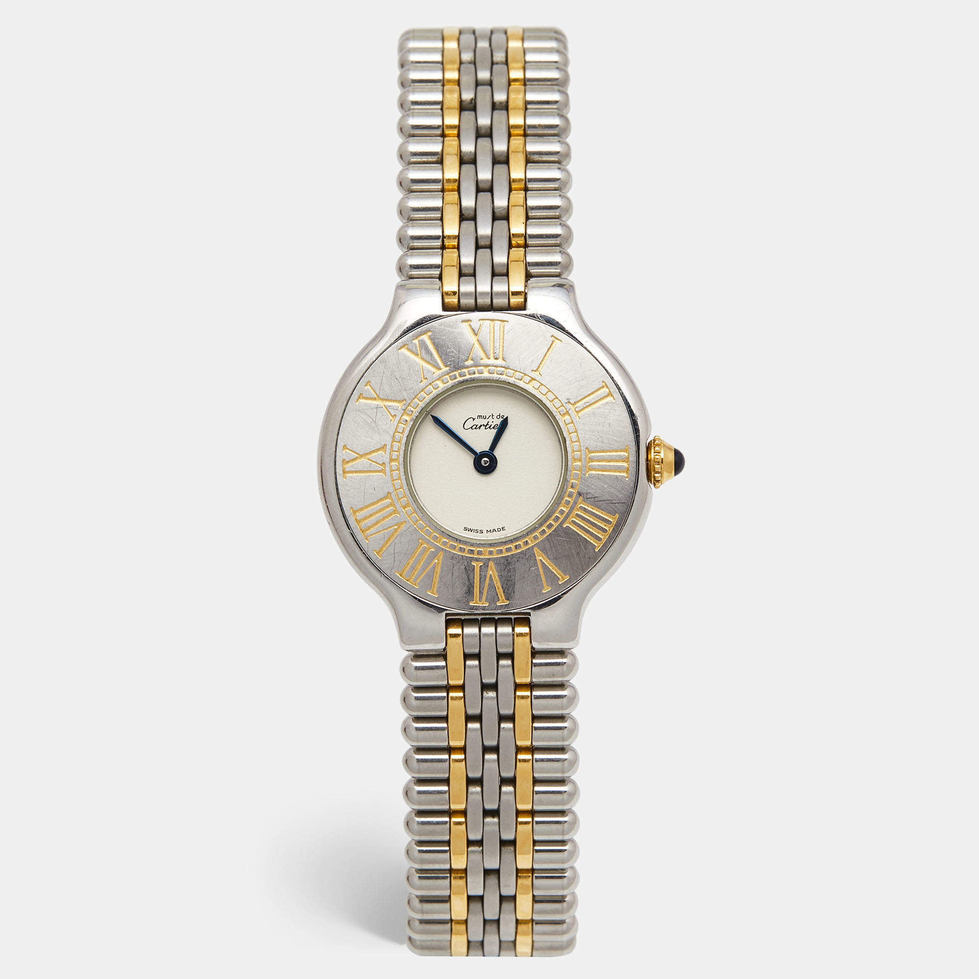 Pre Owned Cartier Cream 18k Yellow Gold Stainless Steel Must 21 Women's Wristwatch 28 mm 