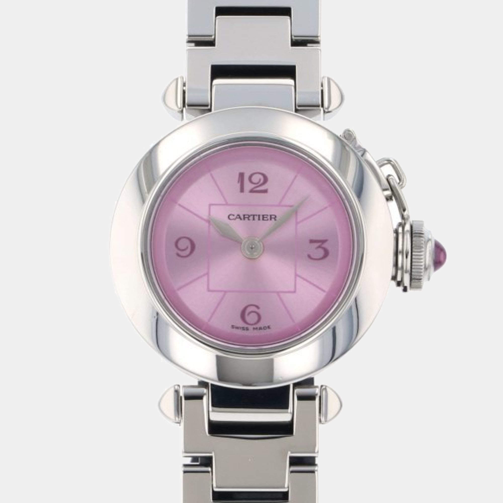Pre Owned Cartier Pink Stainless Steel Miss Pasha W3140023 Quartz Women's Wristwatch 27 mm