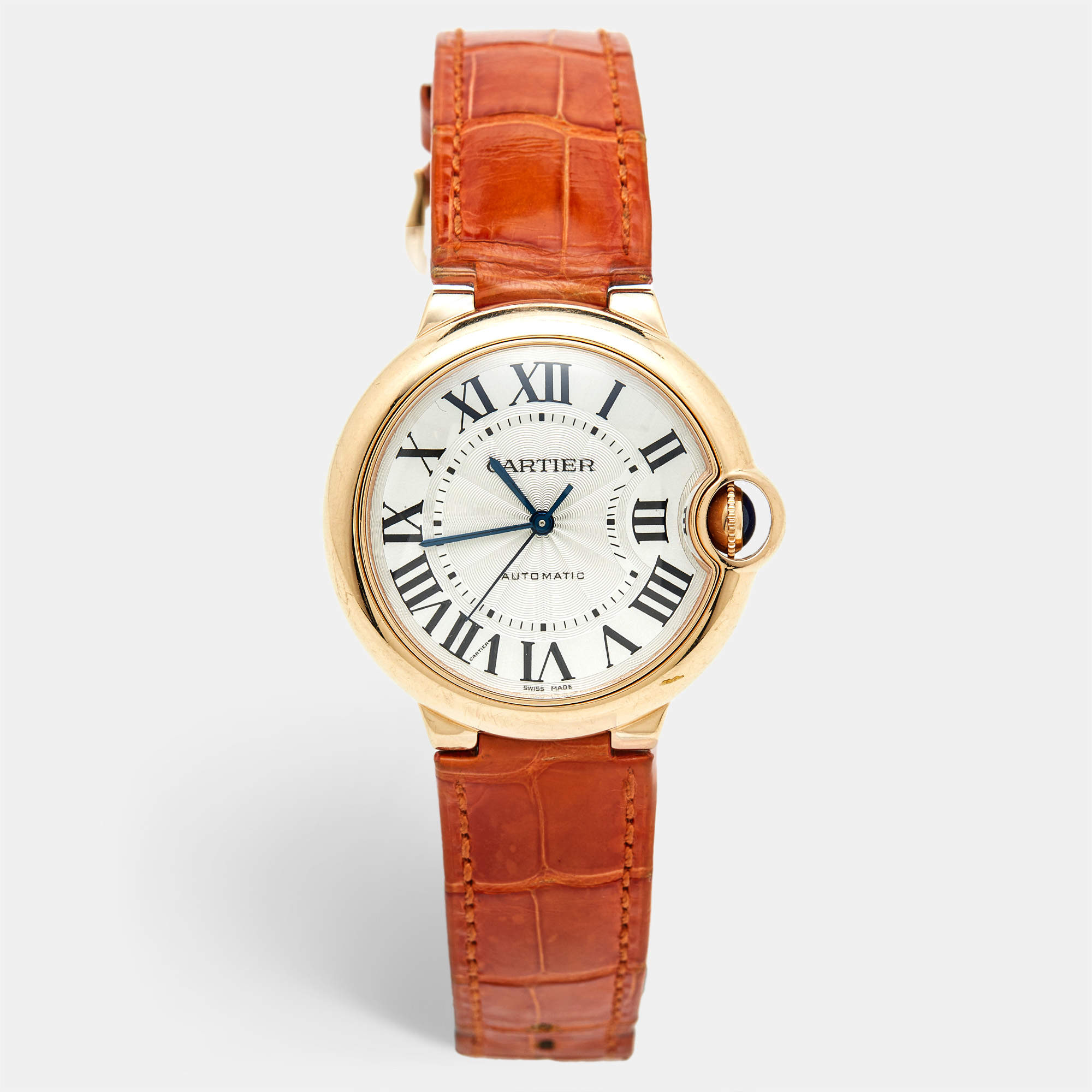 Pre Owned Cartier Silver 18K Rose Gold Alligator Leather Ballon Bleu 3003 Women's Wristwatch 36 MM