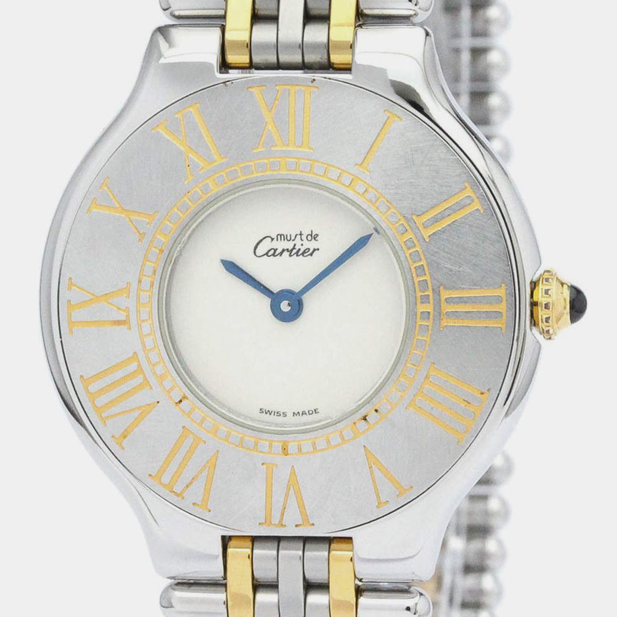 Pre Owned Cartier Silver Yellow Gold Plated And Stainless Steel Must 21 Quartz Women's Wristwatch 30 mm