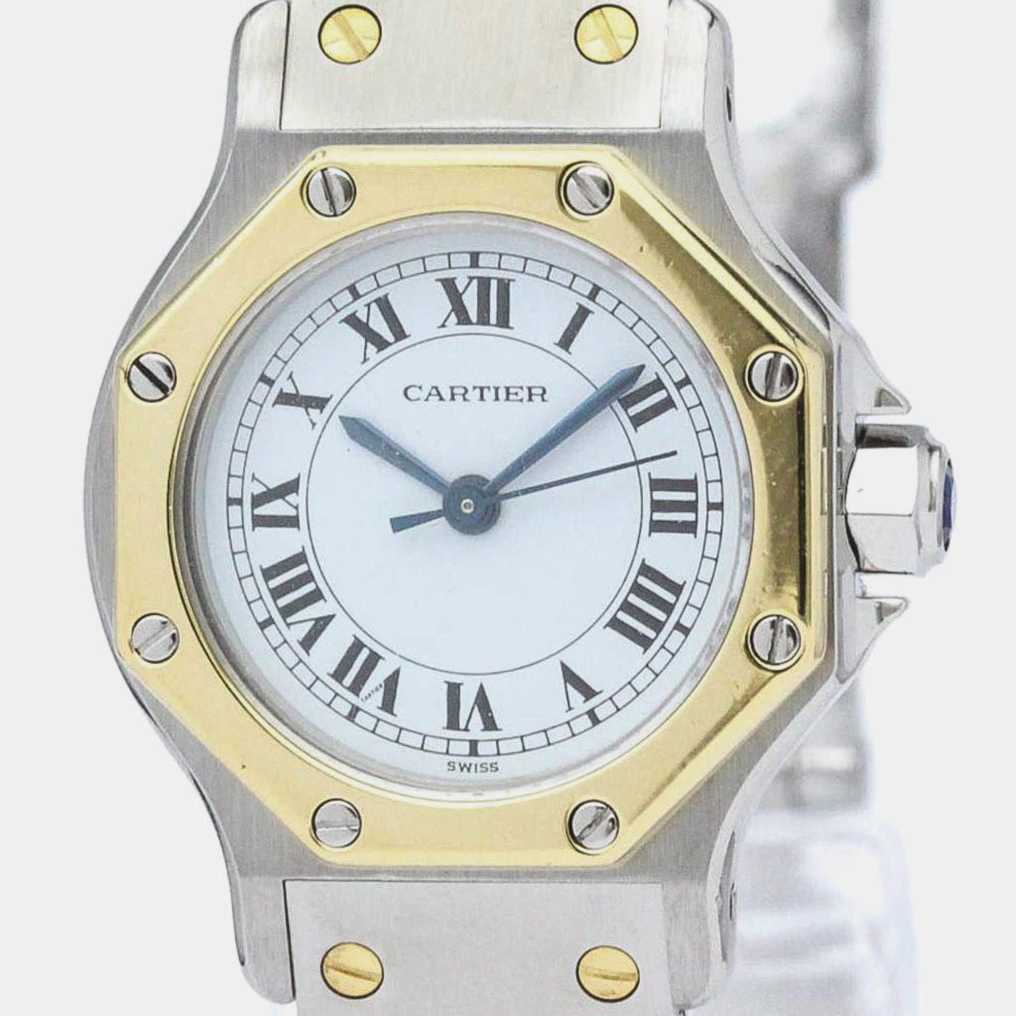 مملوكة مسبقًا Cartier White 18K Yellow Gold And Stainless Steel Santos Octagon Automatic Women's Wristwatch 24 mm