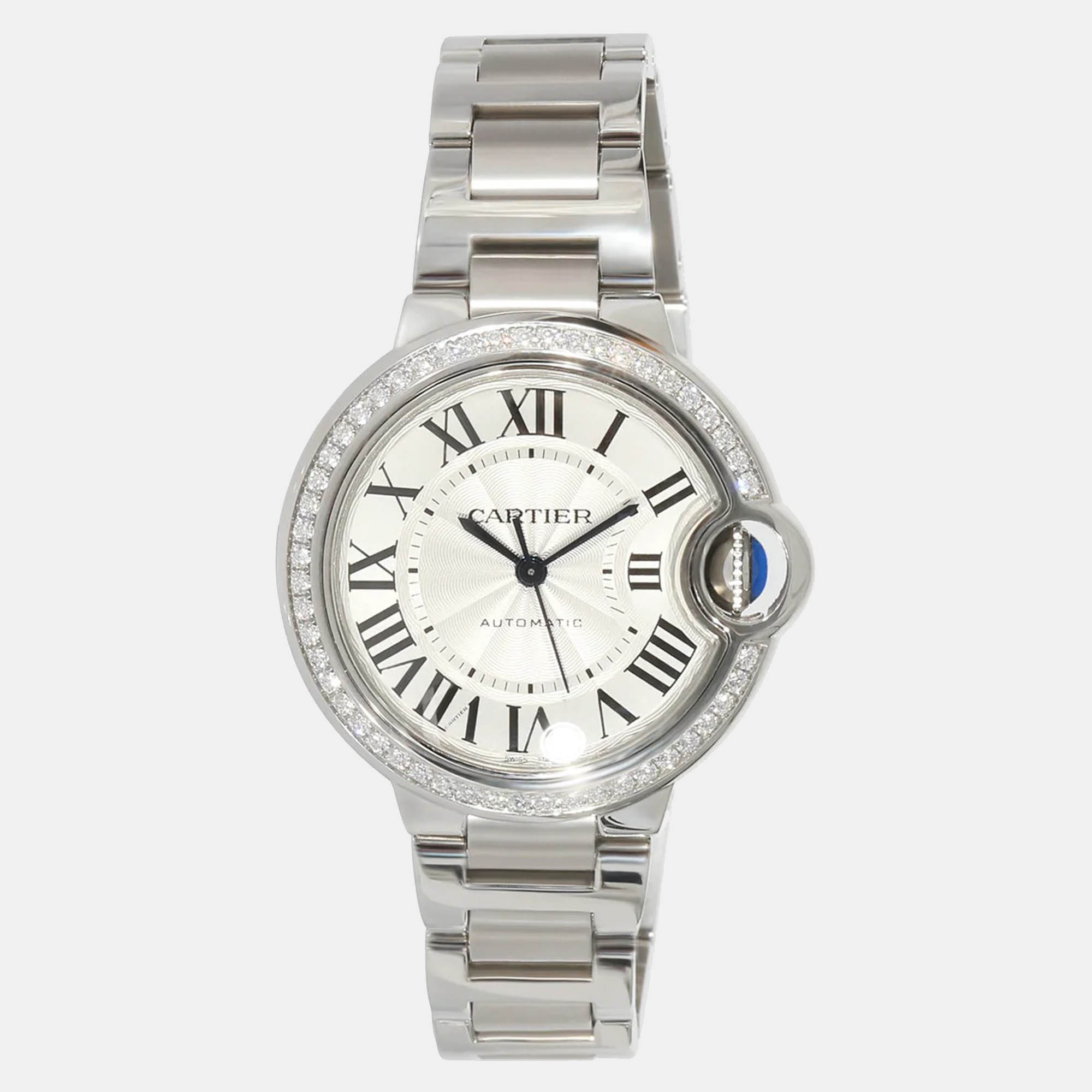 Cartier Silver Diamond Stainless Steel Ballon Bleu W4BB0023