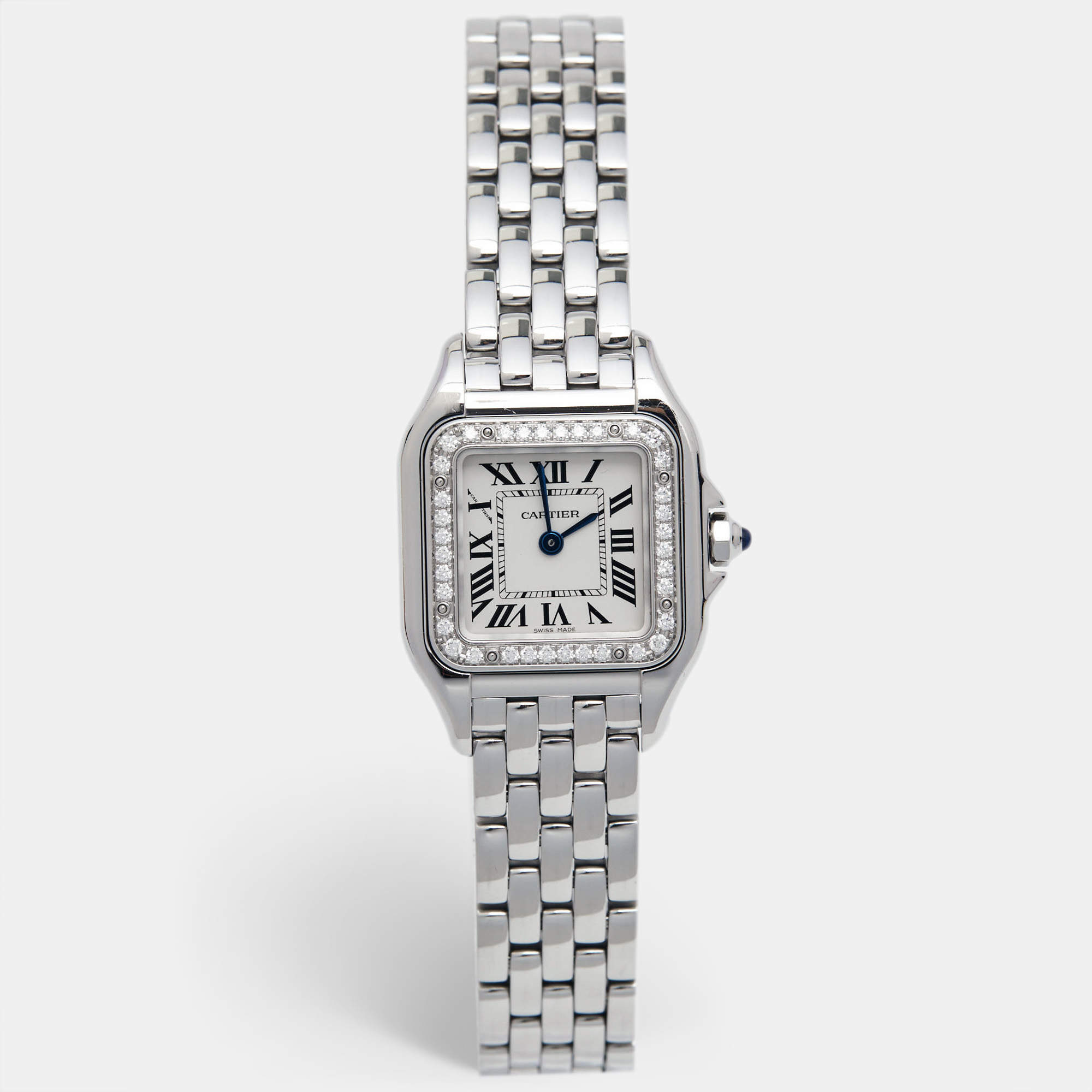 Pre Owned Cartier Silver Stainless Steel Diamond Panthere W4PN0007 Women's Wristwatch 22 mm