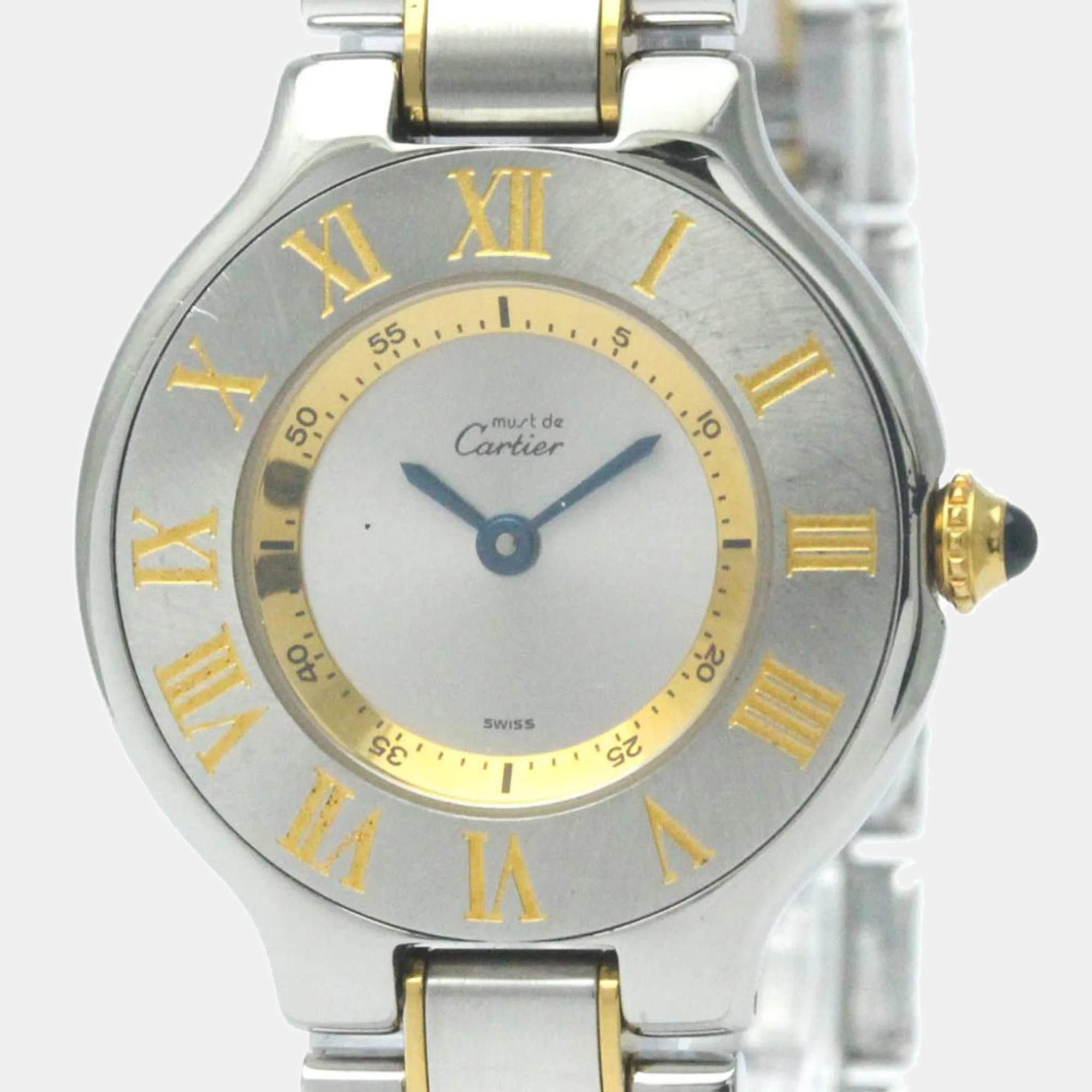 Pre Owned Cartier Silver Yellow Gold Plated Stainless Steel Must 21 de Cartier W10073R6 Women's Wristwatch 28 mm