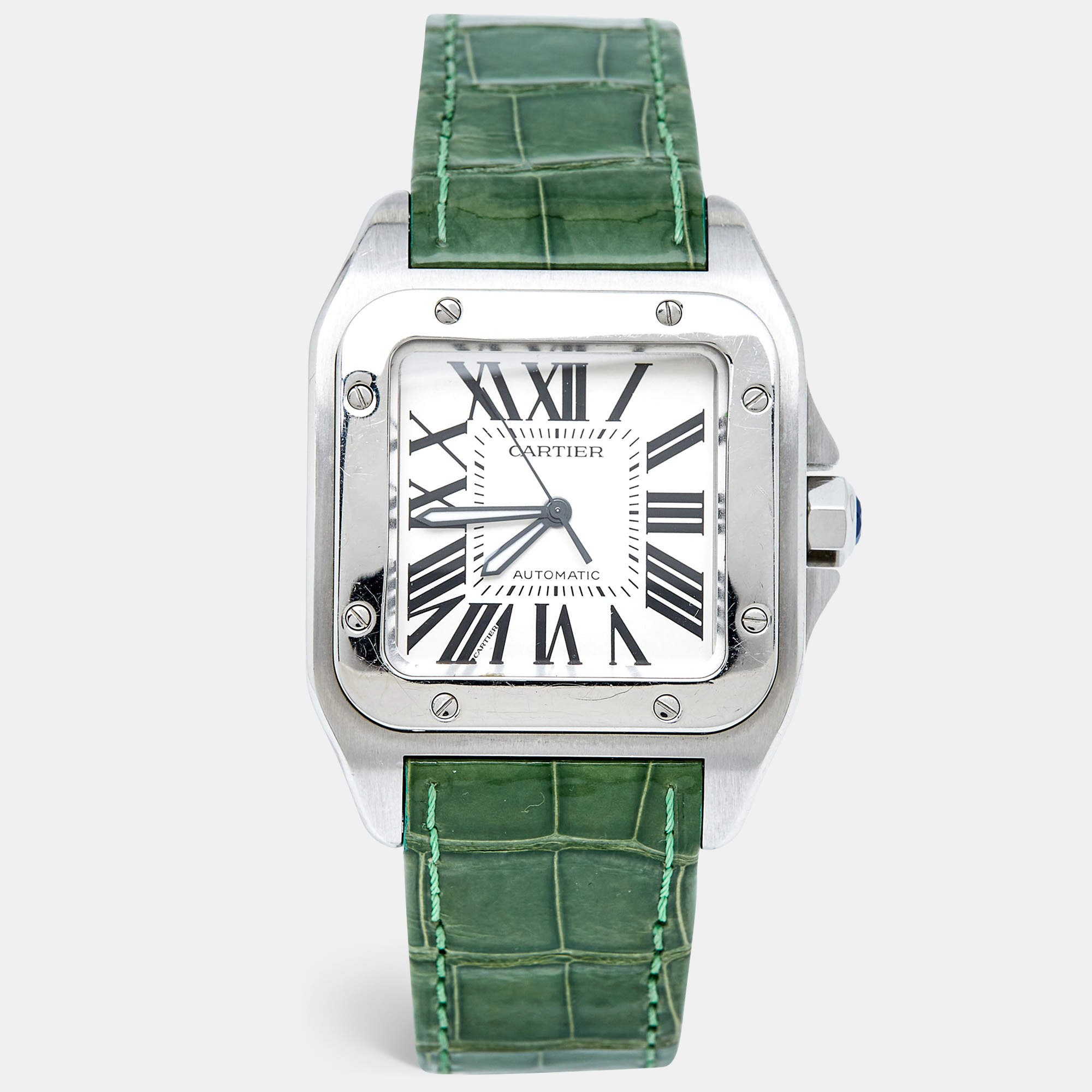 Cartier Silver White Stainless Steel Alligator Leather Santos 100 W20073X8 Men's Wristwatch 38 mm