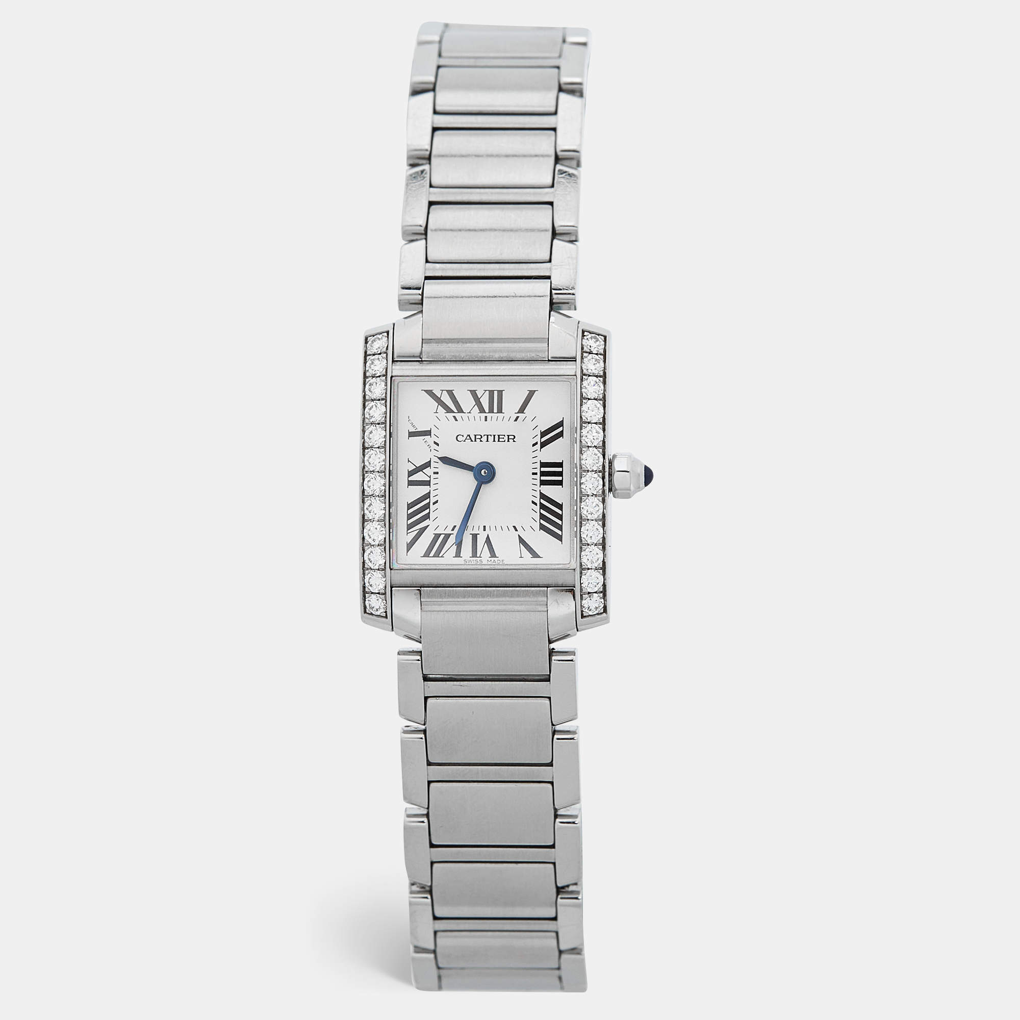 Pre Owned Cartier Silver Stainless Steel Diamond Tank Francaise W4TA0008 Women's Wristwatch 20 mm