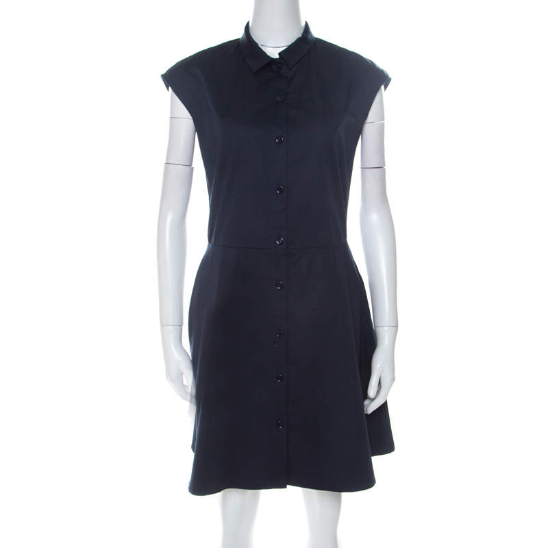 Carven Navy Blue Cotton Blend Cap Sleeves A Line Dress M