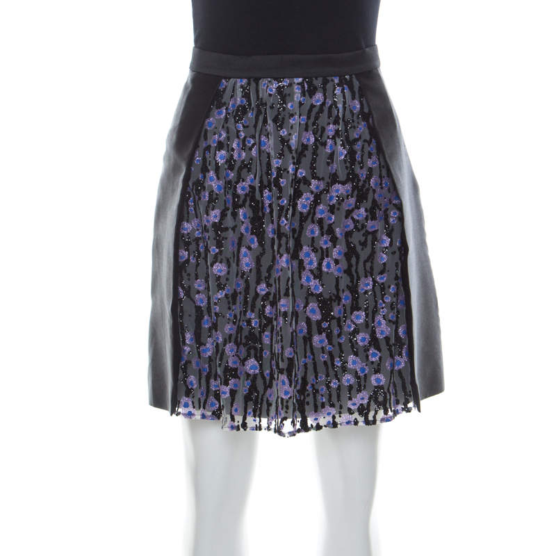 Carven Black Silk Satin and Tulle Embellished Detail Meduse Short Skirt M