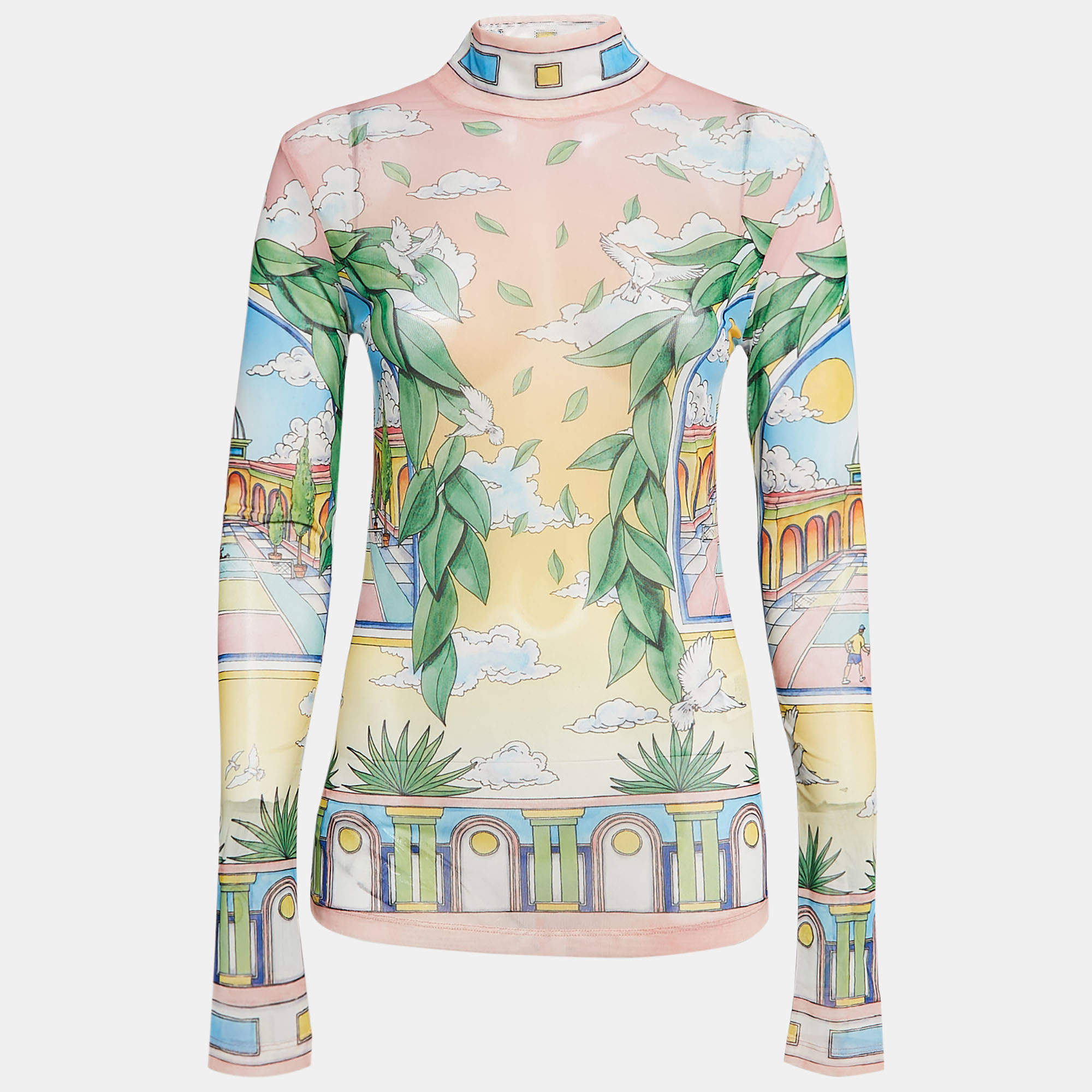 Casablanca Pink/Green Printed Stretch Mesh Sheer Top M