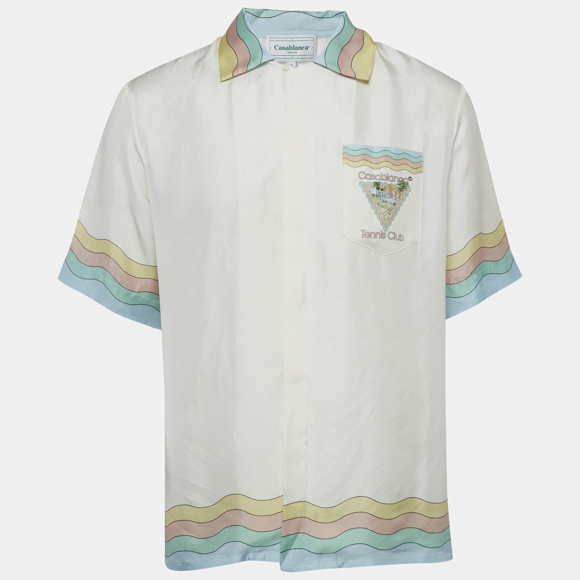 Pre Owned Casablanca Tennis Club White Printed Silk Cuban Short Sleeve S