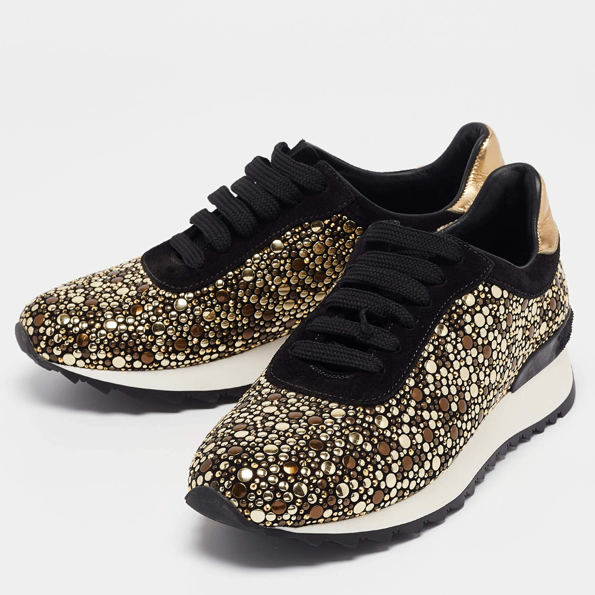 Casadei Black/Gold Suede and Leather Studded Low Top