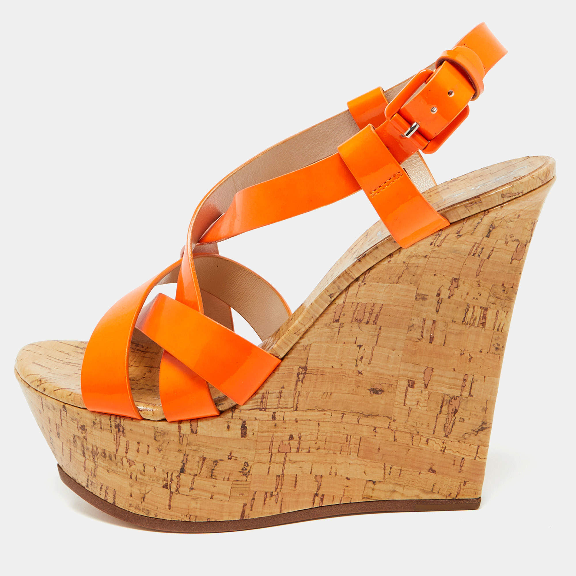 Casadei Neon Orange Patent Leather Cork Platform Wedge Sandals Size 38