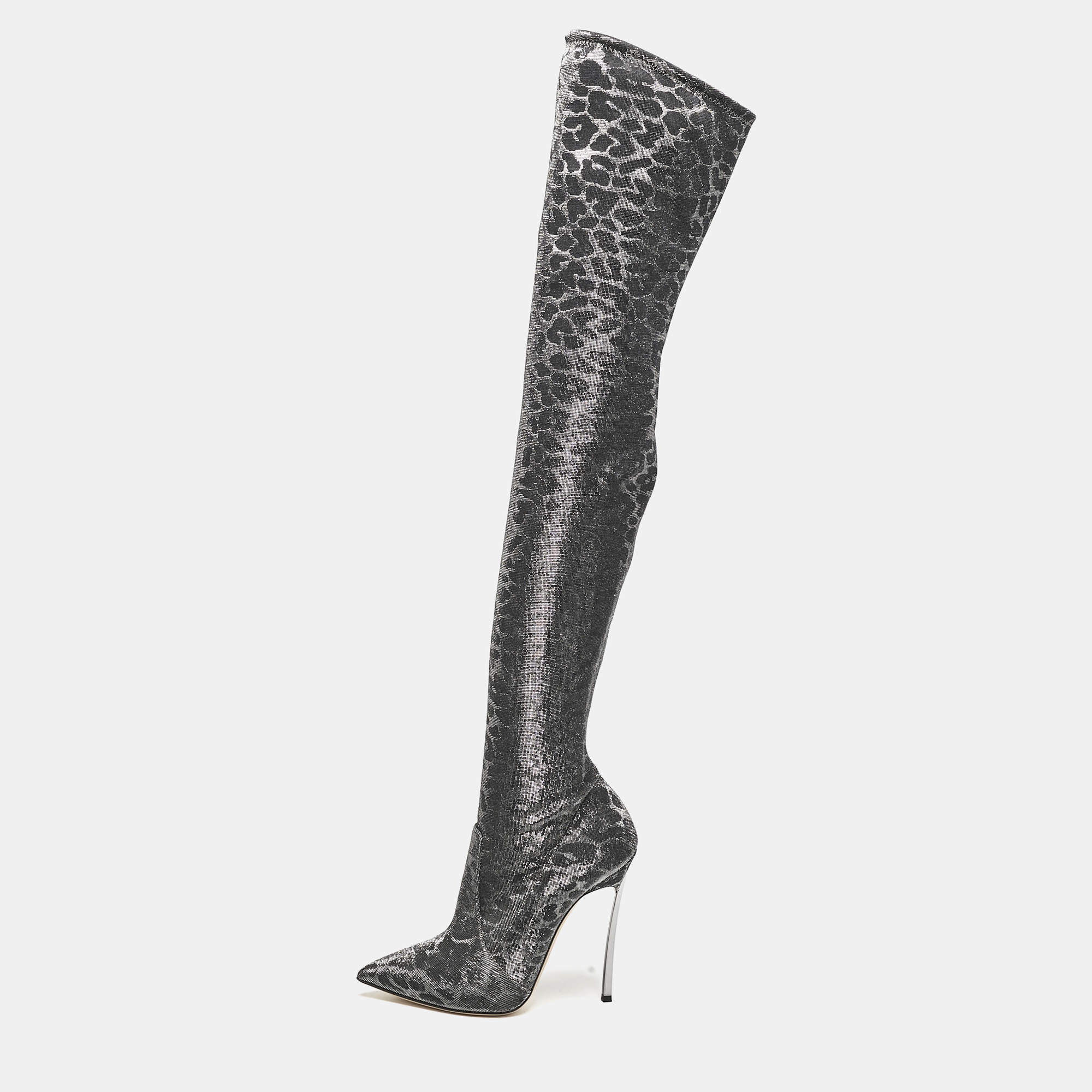 Casadei Grey Leopard Print Lurex Fabric Thigh High Boots Size 36