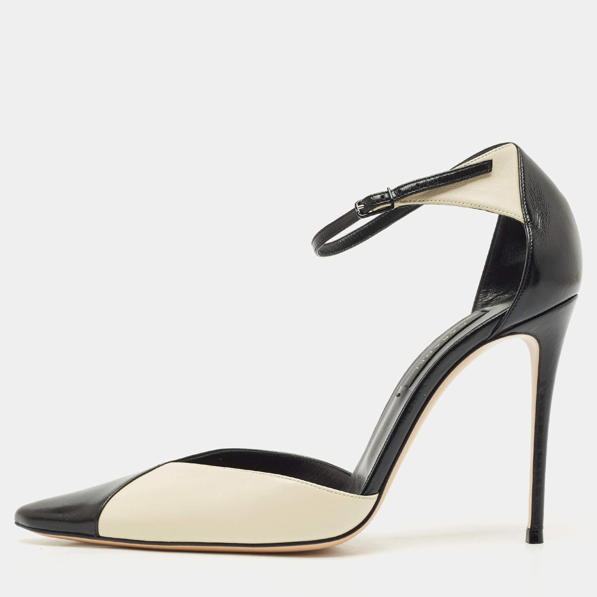 Pre Owned Casadei Cream/Black Leather Pointed Toe Mary Jane Pumps Size 39