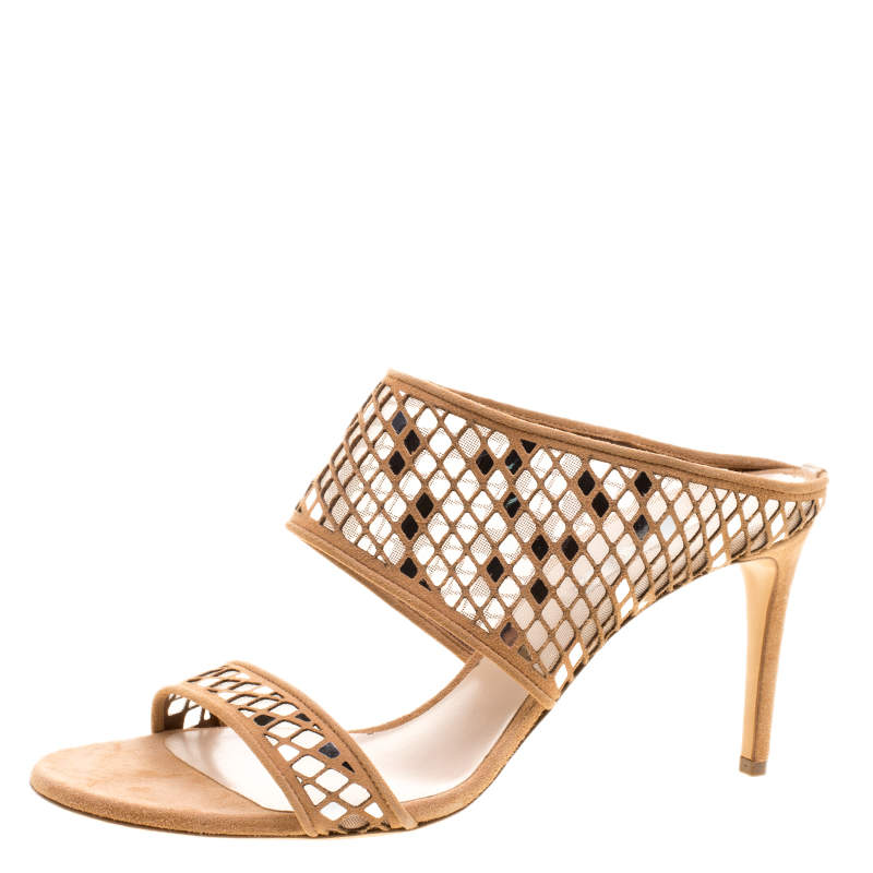 Pre Owned Casadei Beige Suede Laser Cut Peep Toe Sandals Size 41 