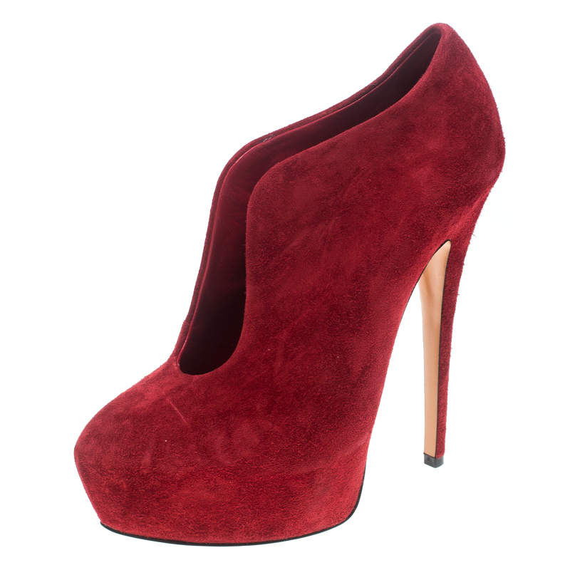 Pre Owned Casadei Red Suede Platform Slip On Ankle Booties Size 37