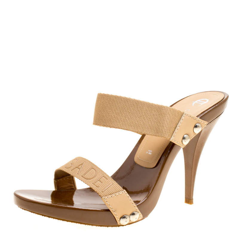 Pre Owned Casadei Beige Cotton Blend Slide Sandals Size 37.5