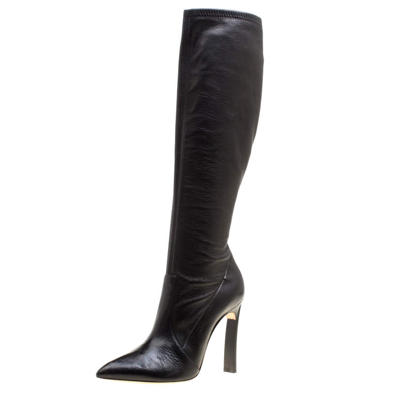 Pre Owned Casadei Black Leather Pointed Toe Knee Length Boots Size 40